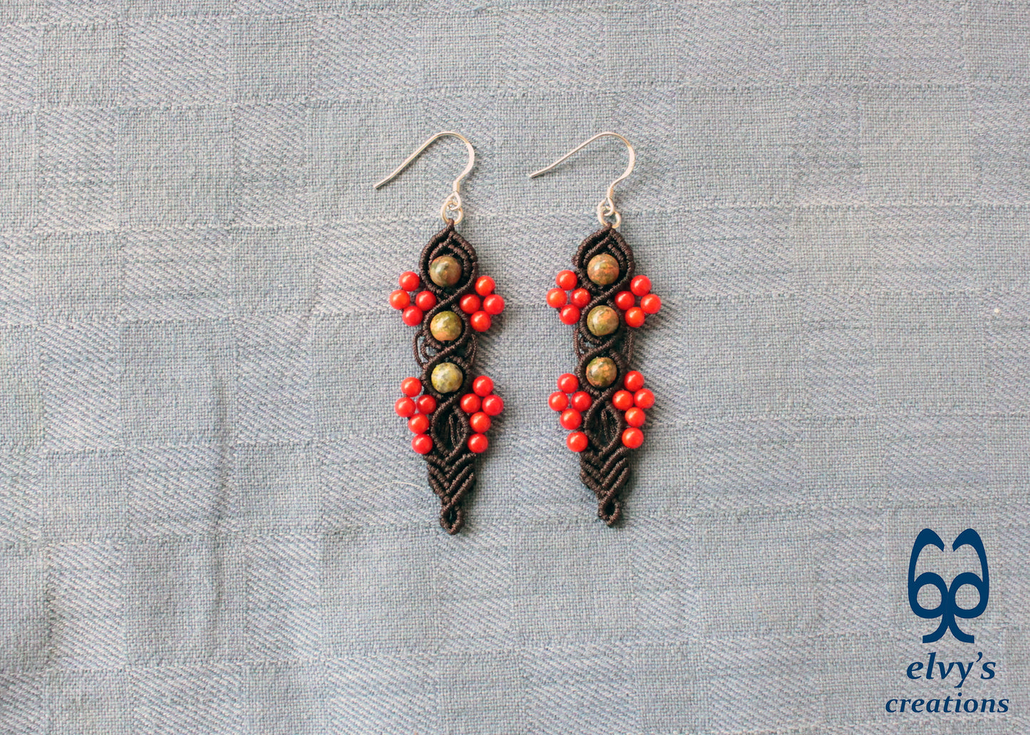 Handmade Macrame Silver Earrings, Beaded Gemstone Handmade Jewelry,Gift for Women