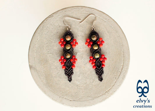 Handmade Macrame Silver Earrings, Beaded Gemstone Handmade Jewelry,Gift for Women