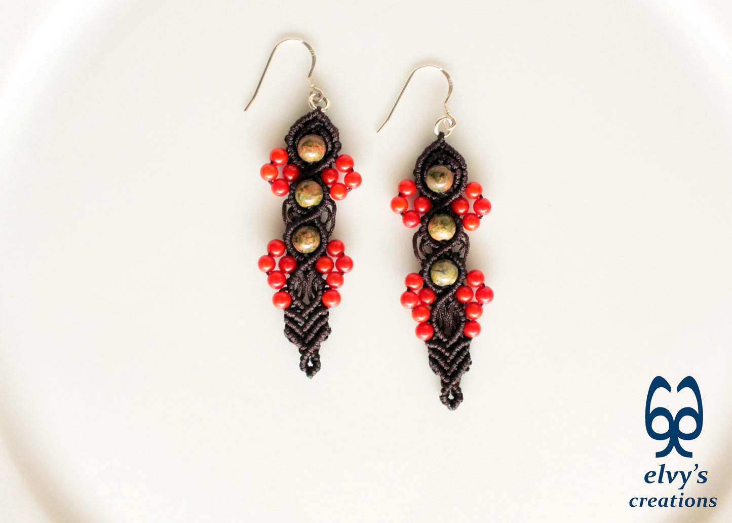 Handmade Macrame Silver Earrings, Beaded Gemstone Handmade Jewelry,Gift for Women