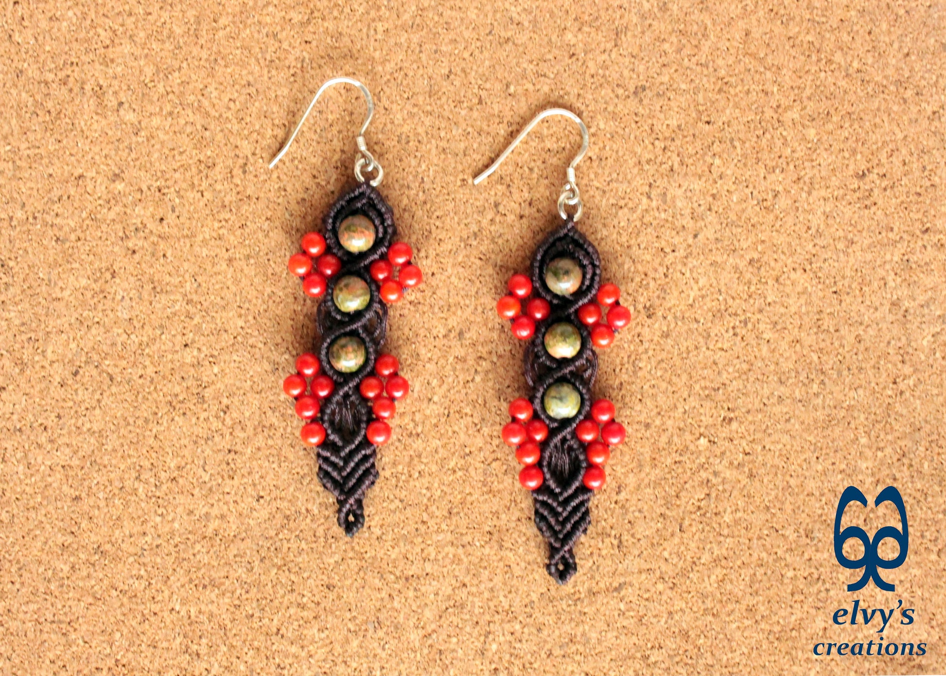 Handmade Macrame Silver Earrings, Beaded Gemstone Handmade Jewelry,Gift for Women