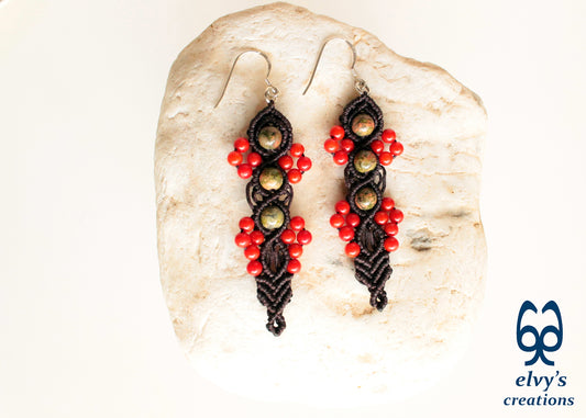 Handmade Macrame Silver Earrings, Beaded Gemstone Handmade Jewelry,Gift for Women