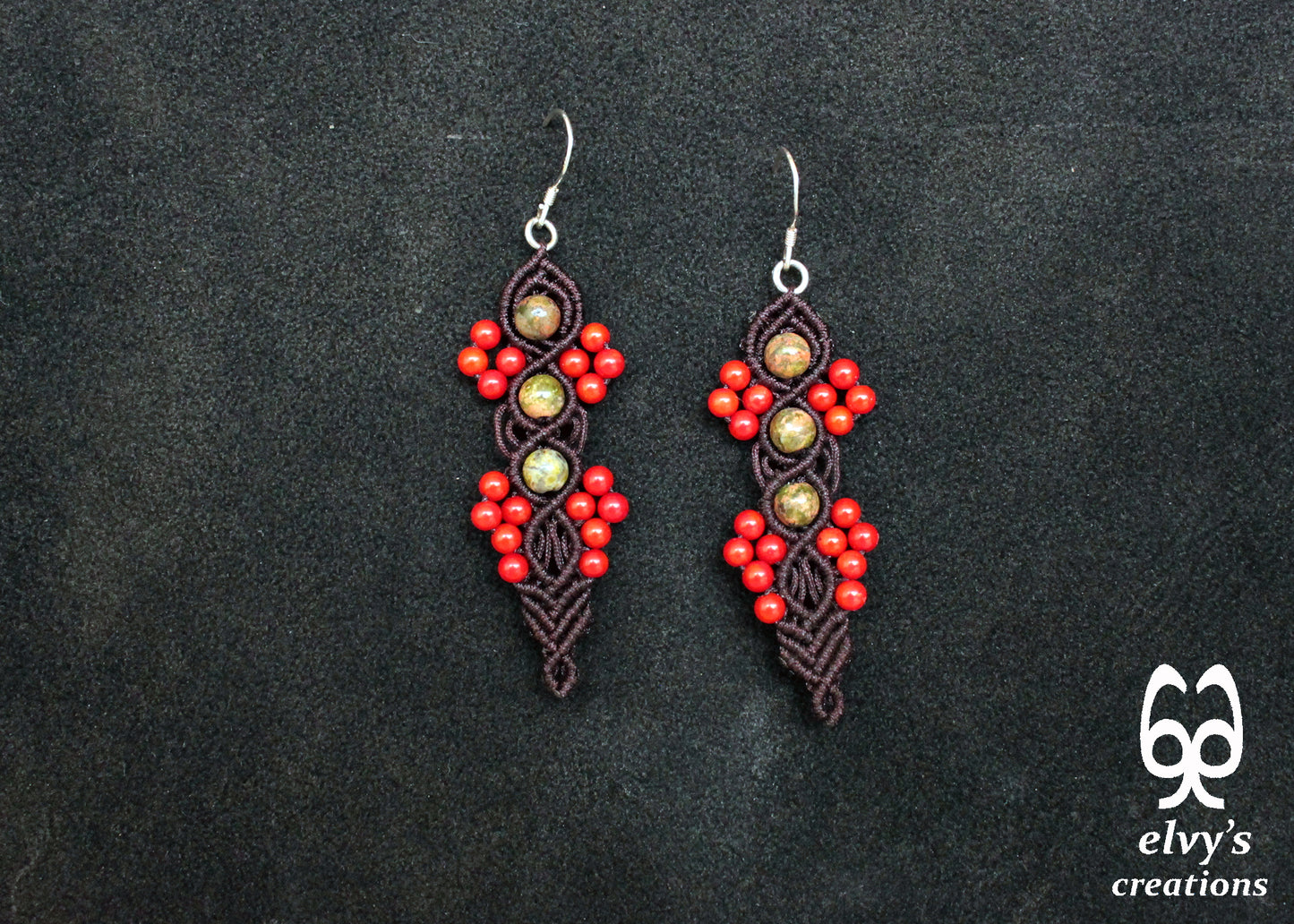 Handmade Macrame Silver Earrings, Beaded Gemstone Handmade Jewelry,Gift for Women