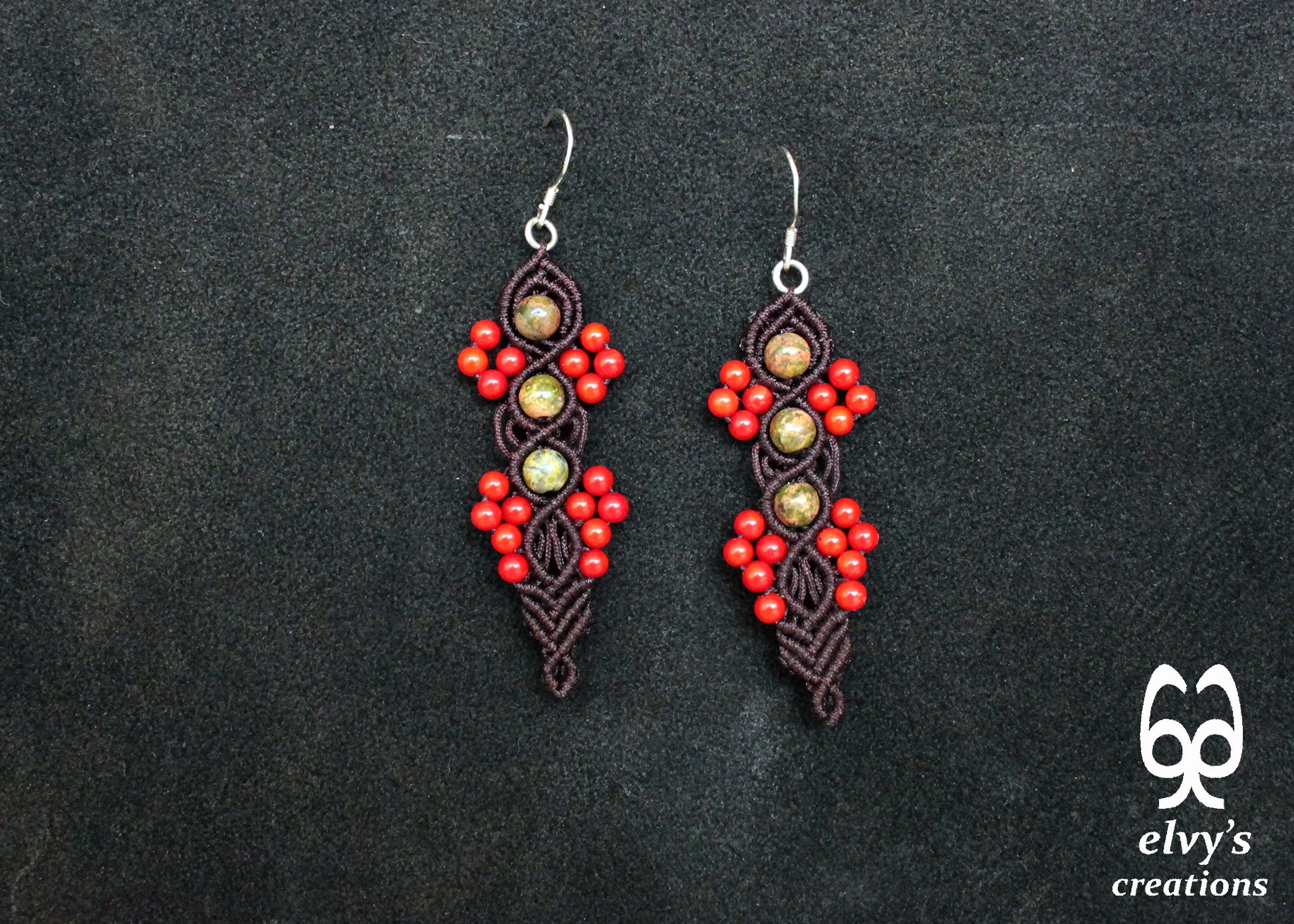 Handmade Macrame Silver Earrings, Beaded Gemstone Handmade Jewelry,Gift for Women