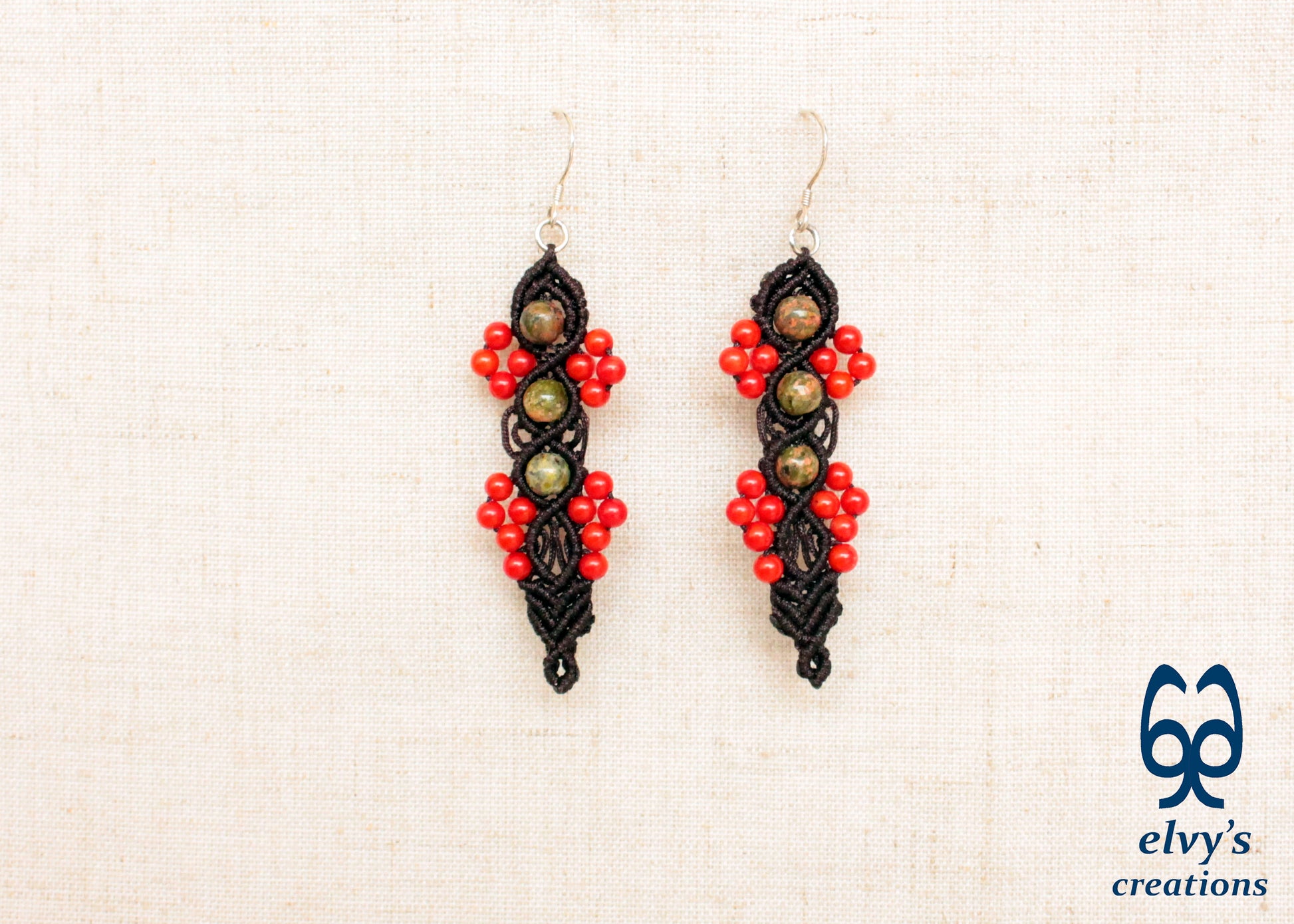 Handmade Macrame Silver Earrings, Beaded Gemstone Handmade Jewelry,Gift for Women