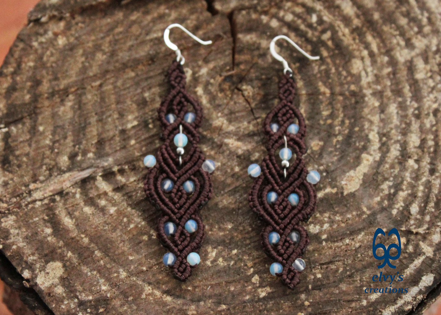 Brown Macrame Earrings with Moonstones Brown Lace Rainbow Moonstone Gemstones Boho Macrame Earrings 