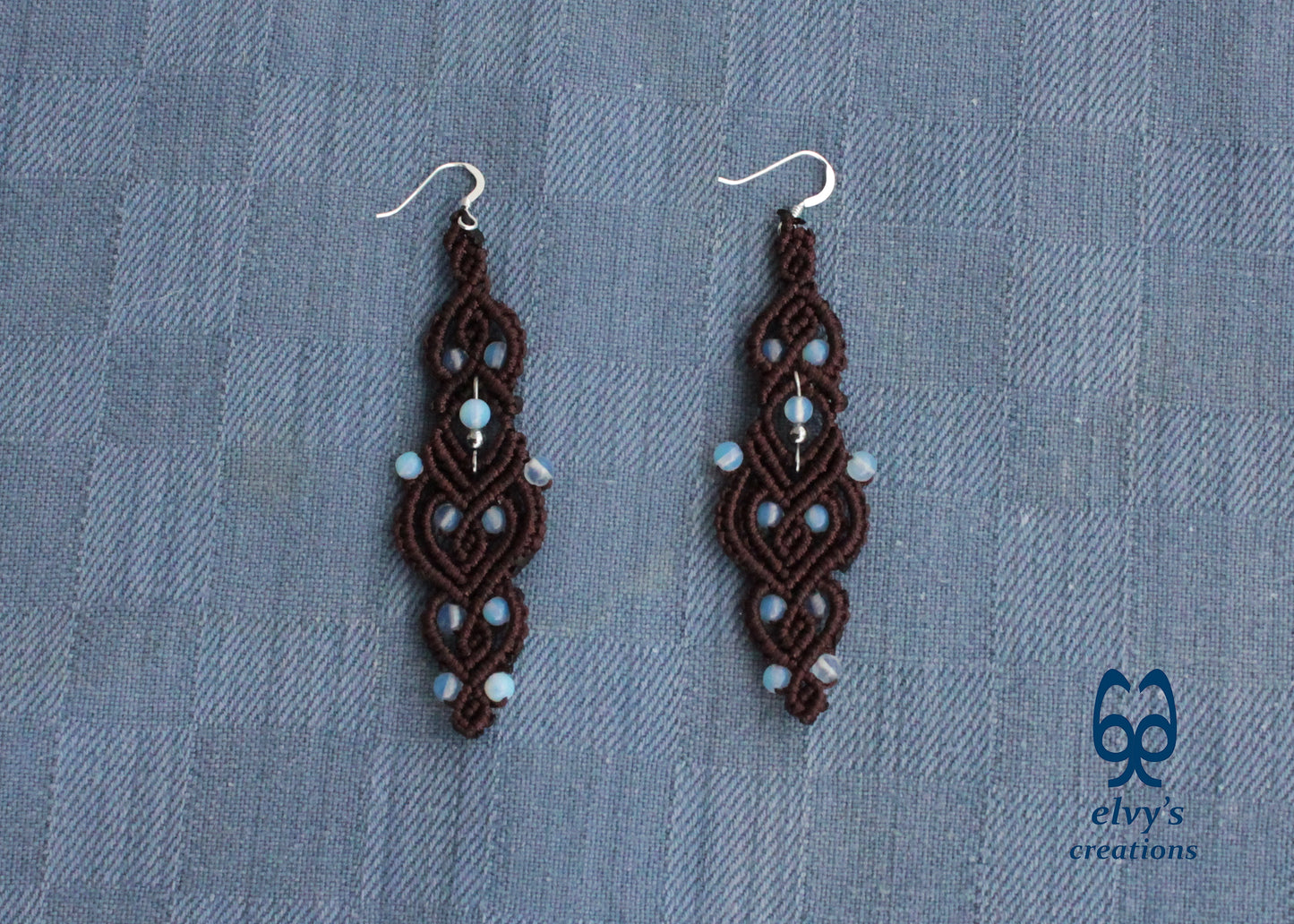 Brown Macrame Earrings with Moonstones Brown Lace Rainbow Moonstone Gemstones Boho Macrame Earrings 