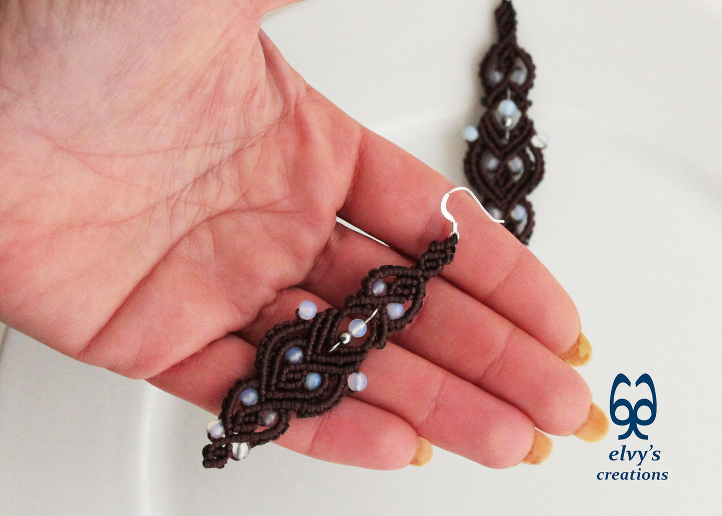 Brown Macrame Earrings with Moonstones Brown Lace Rainbow Moonstone Gemstones Boho Macrame Earrings 