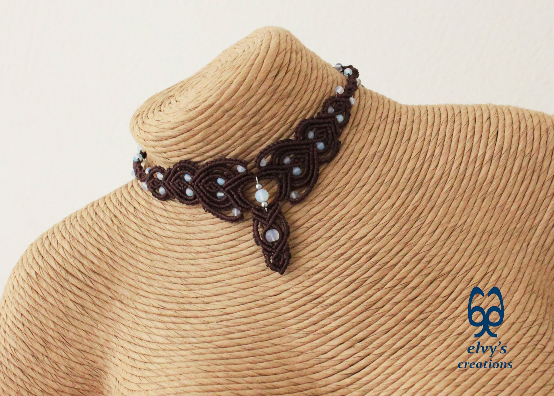 Brown Macrame Necklace Moonstone Lace Necklace Macrame Adjustable Choker Moonstone Beaded Jewelry 