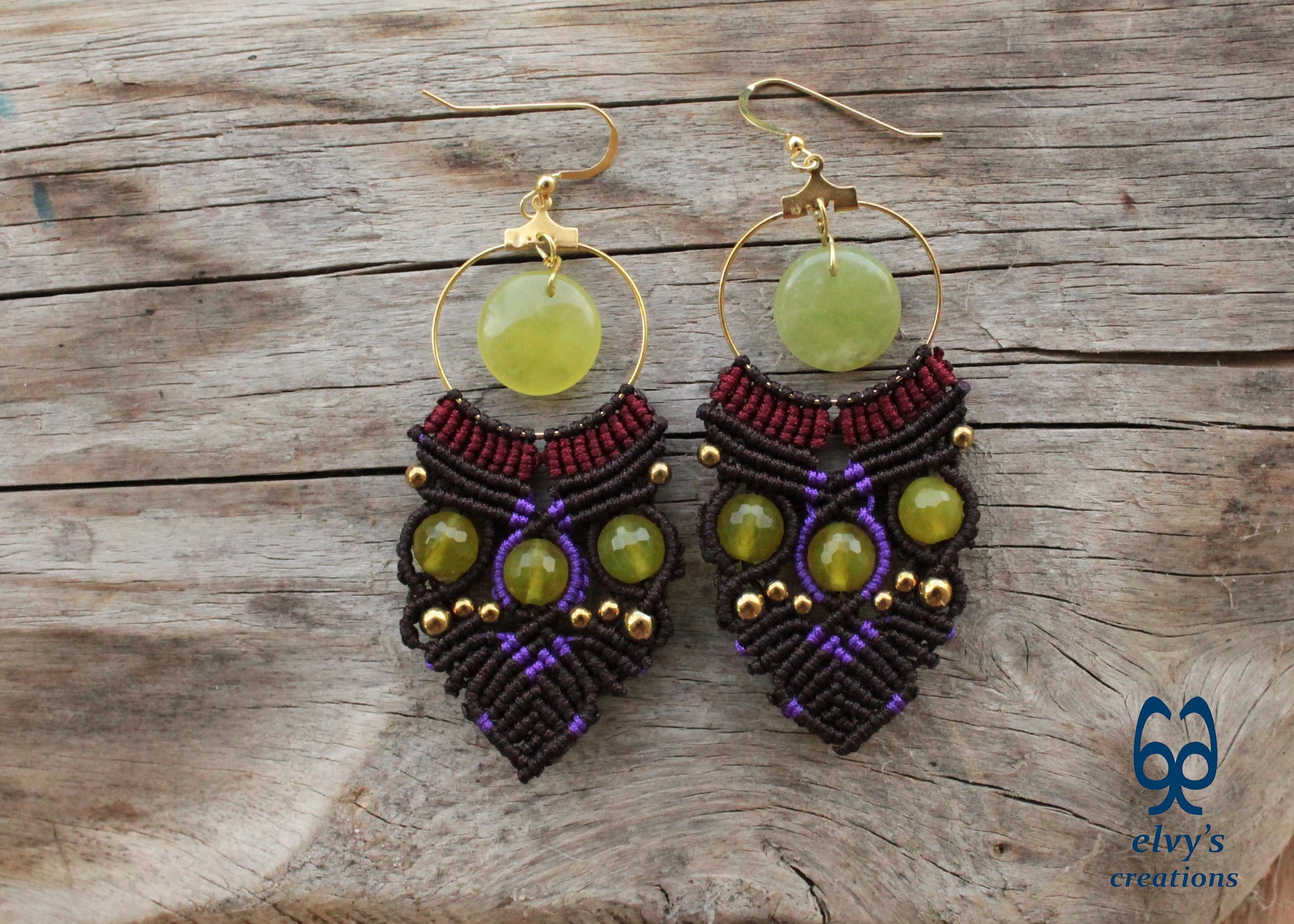 Brown Macrame Earrings with Jade Gemstones Green Dangle Hoop Earrings