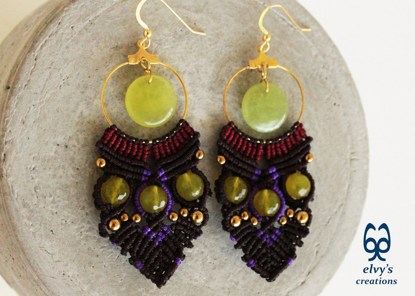 Brown Macrame Earrings with Jade Gemstones Green Dangle Hoop Earrings