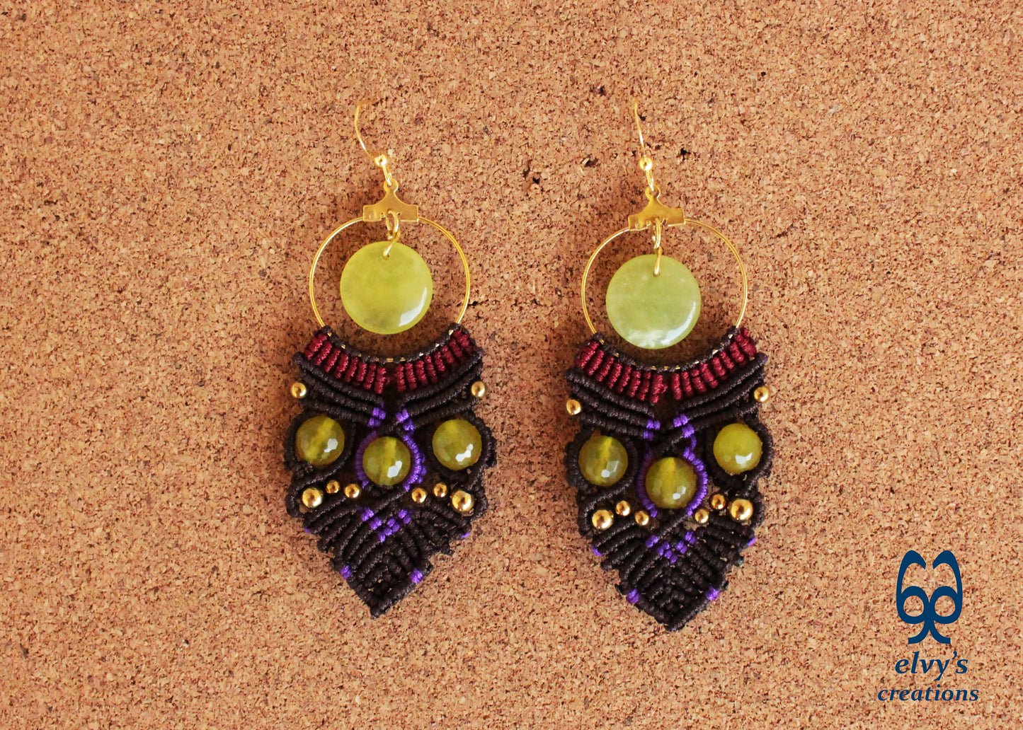 Brown Macrame Earrings with Jade Gemstones Green Dangle Hoop Earrings