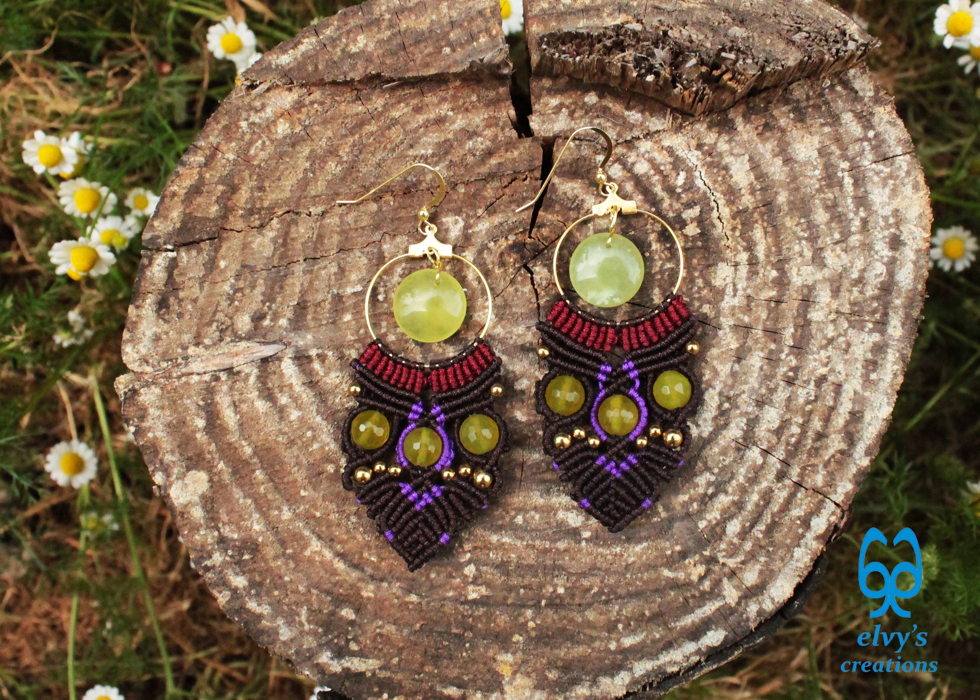 Brown Macrame Earrings with Jade Gemstones Green Dangle Hoop Earrings