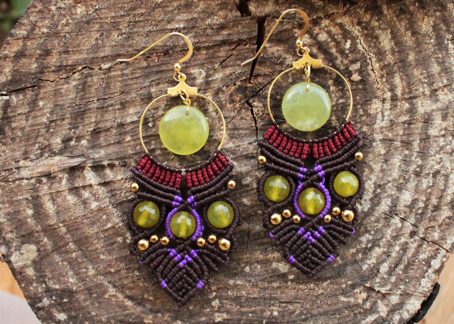 Brown Macrame Earrings with Jade Gemstones Green Dangle Hoop Earrings