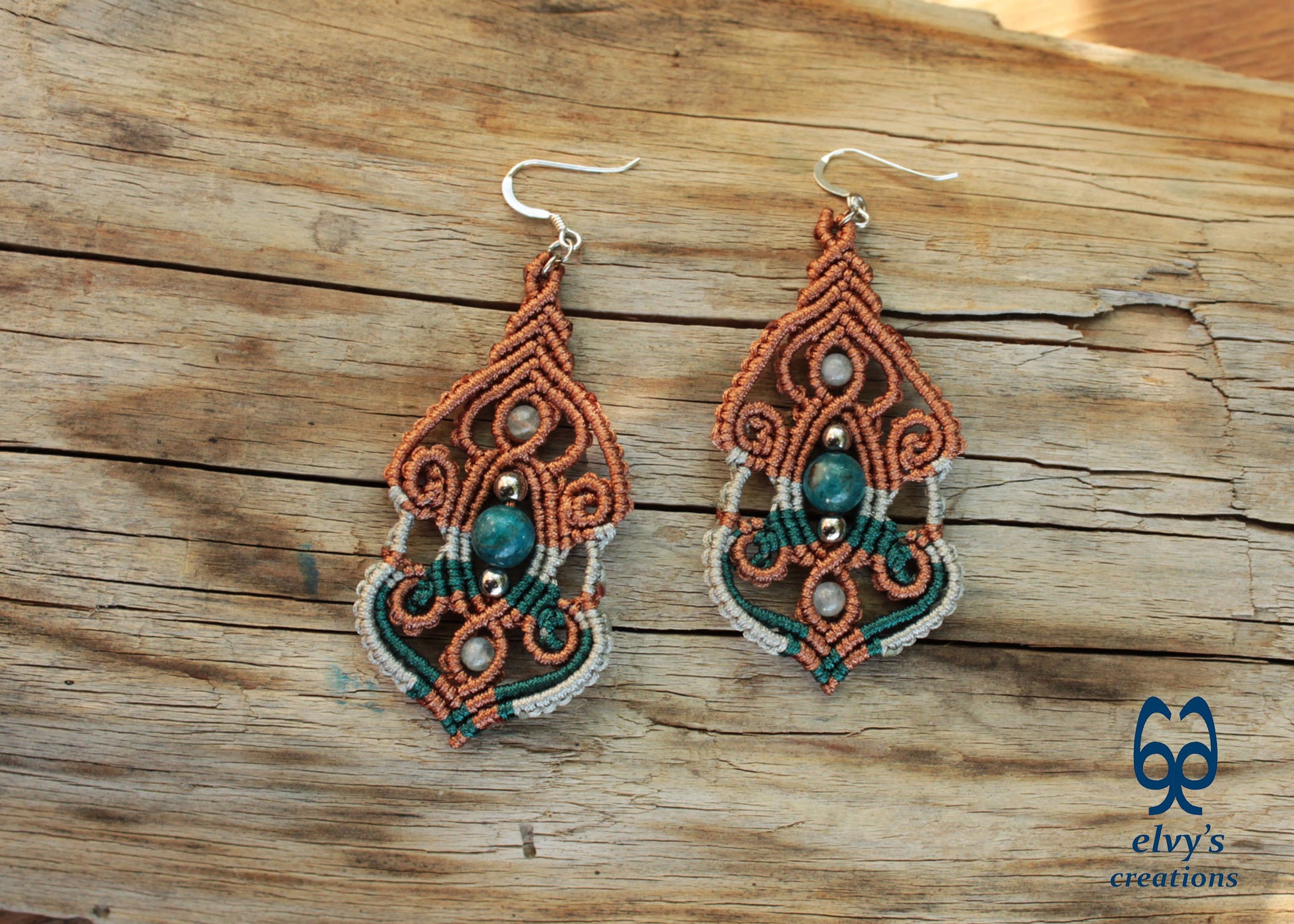 Brown Macramé Silver Earrings with Apatite and Aquamarine Gemstones Long Macramé Earrings