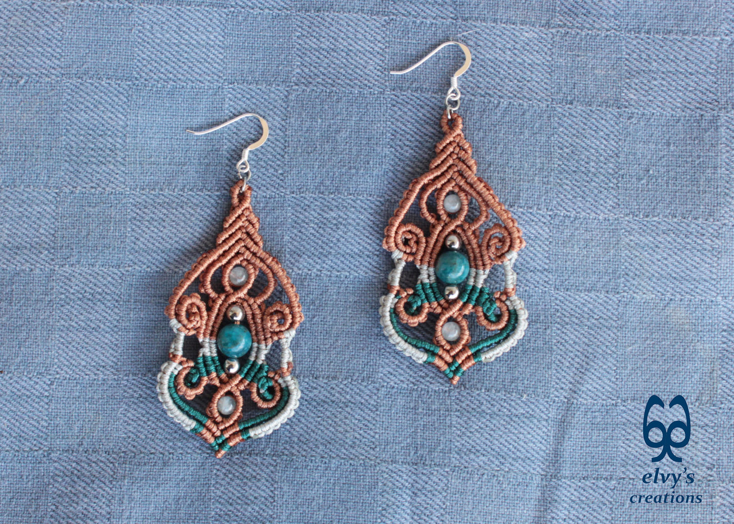 Brown Macramé Silver Earrings with Apatite and Aquamarine Gemstones Long Macramé Earrings