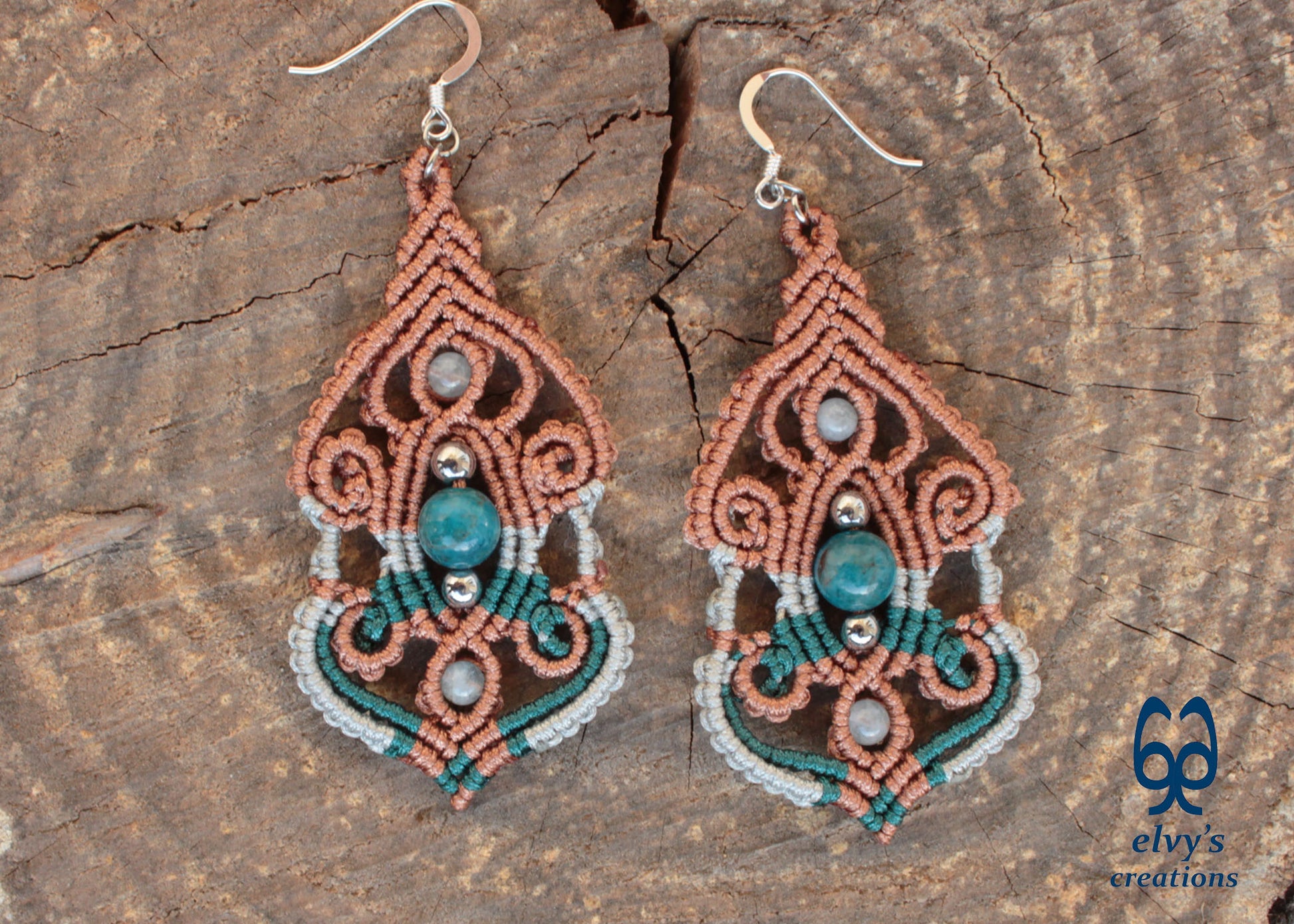 Brown Macramé Silver Earrings with Apatite and Aquamarine Gemstones Long Macramé Earrings