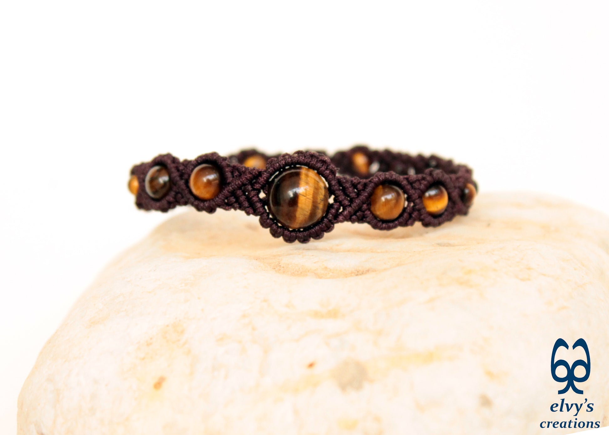 Brown Macrame Cuff Bracelet Beads Jewelry Tiger Eye Gemstones Men Women