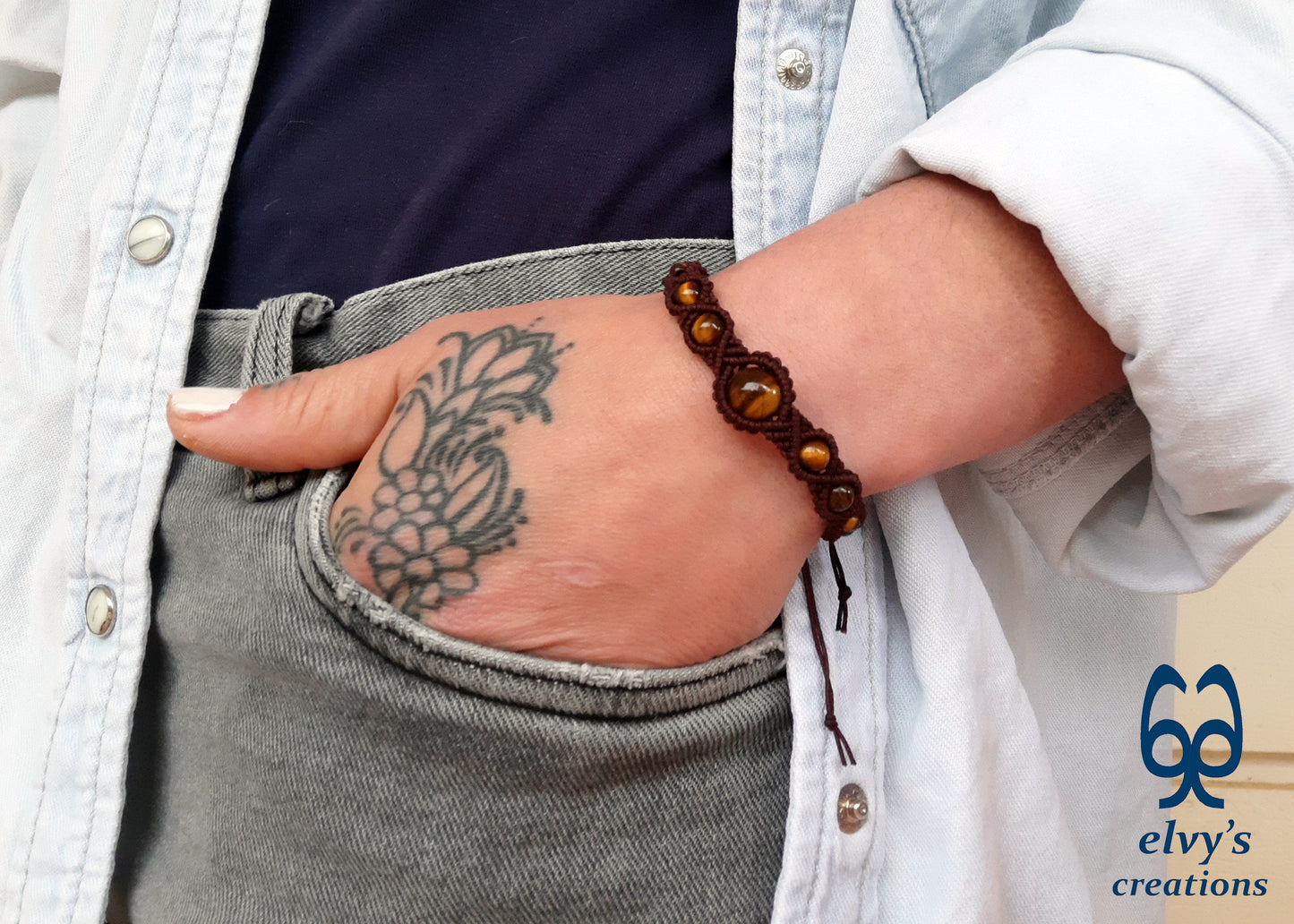 Brown Macrame Cuff Bracelet Beads Jewelry Tiger Eye Gemstones Men Women