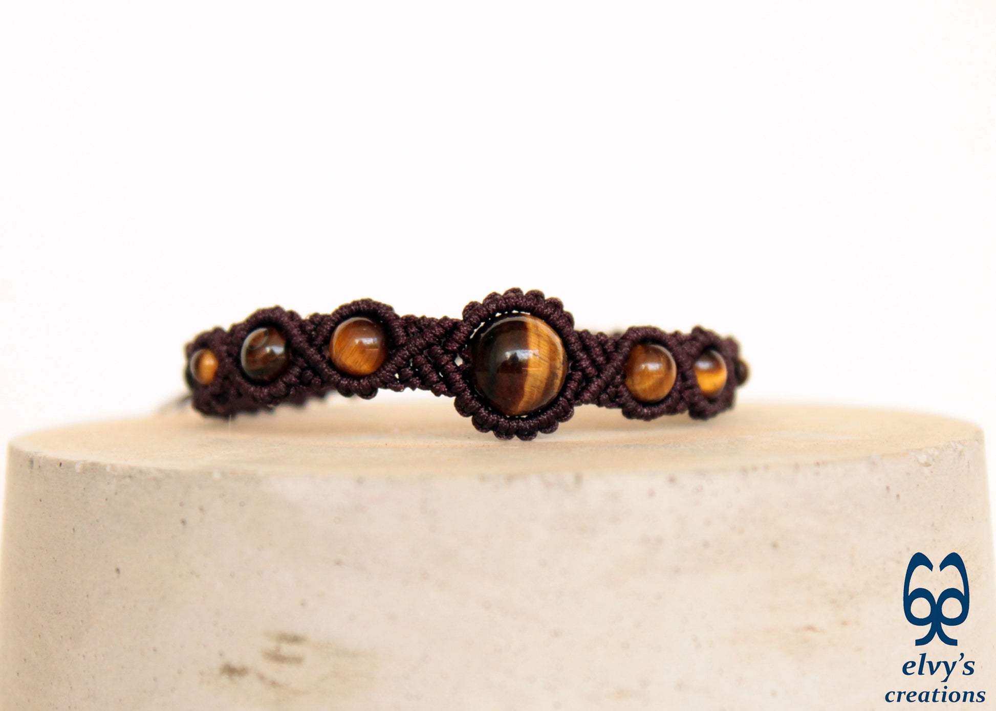 Brown Macrame Cuff Bracelet Beads Jewelry Tiger Eye Gemstones Men Women