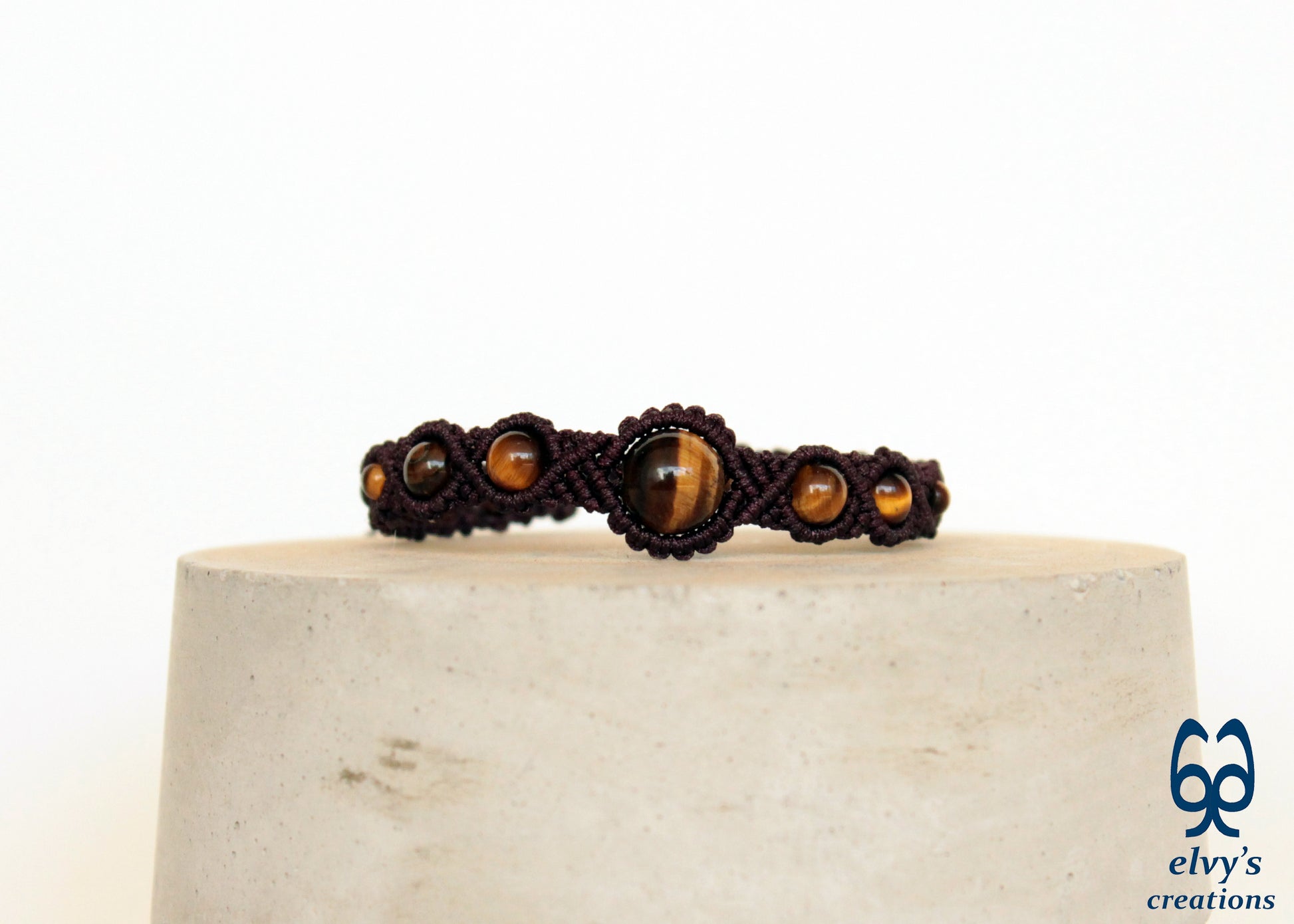 Brown Macrame Cuff Bracelet Beads Jewelry Tiger Eye Gemstones Men Women