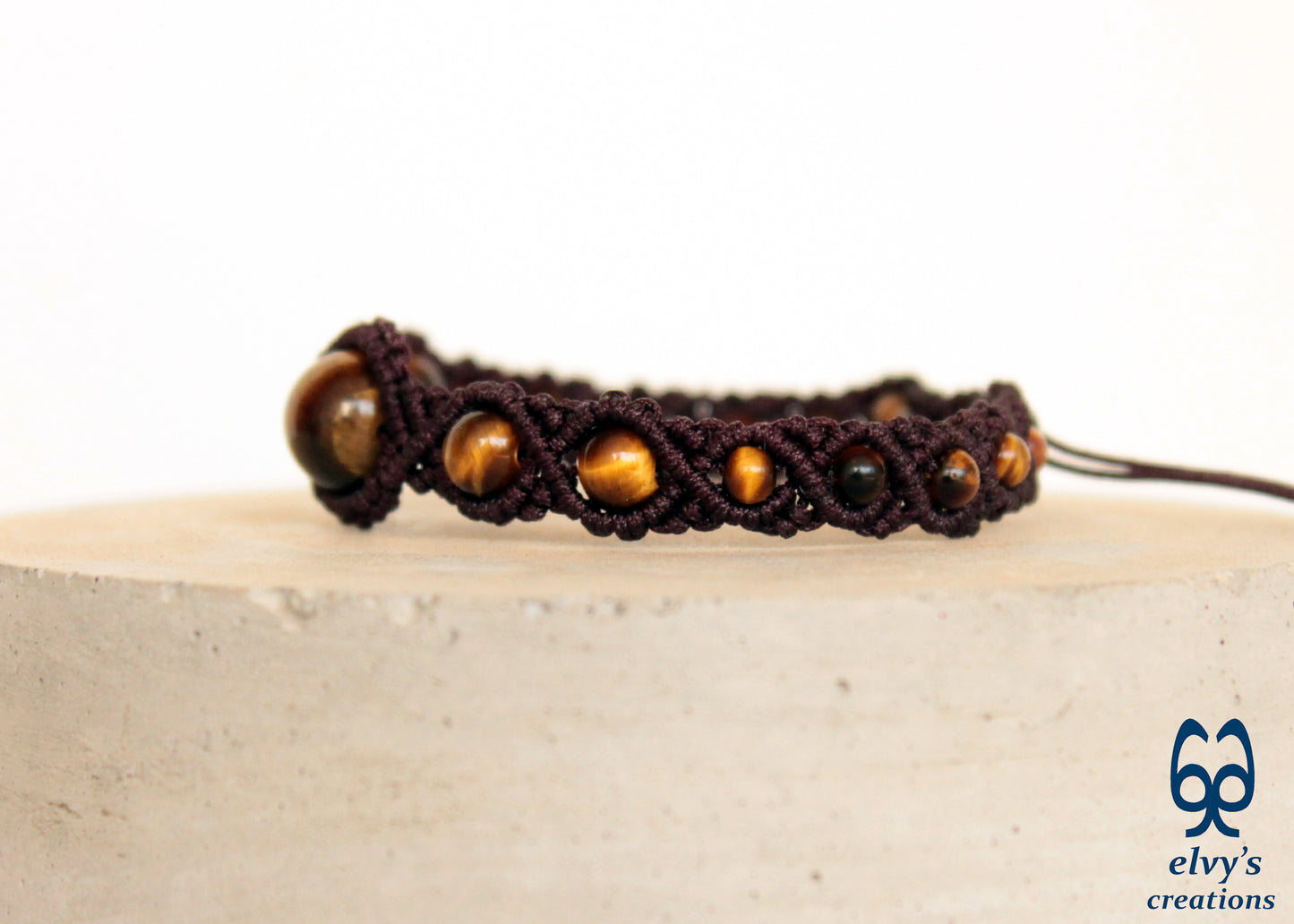 Brown Macrame Cuff Bracelet Beads Jewelry Tiger Eye Gemstones Men Women