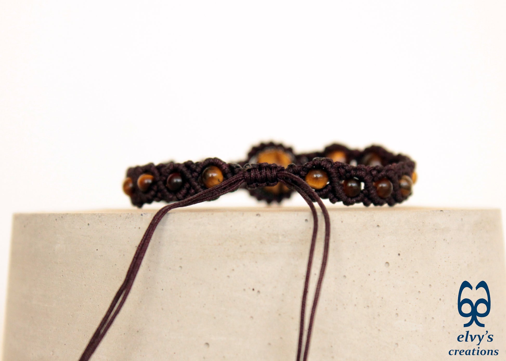 Brown Macrame Cuff Bracelet Beads Jewelry Tiger Eye Gemstones Men Women