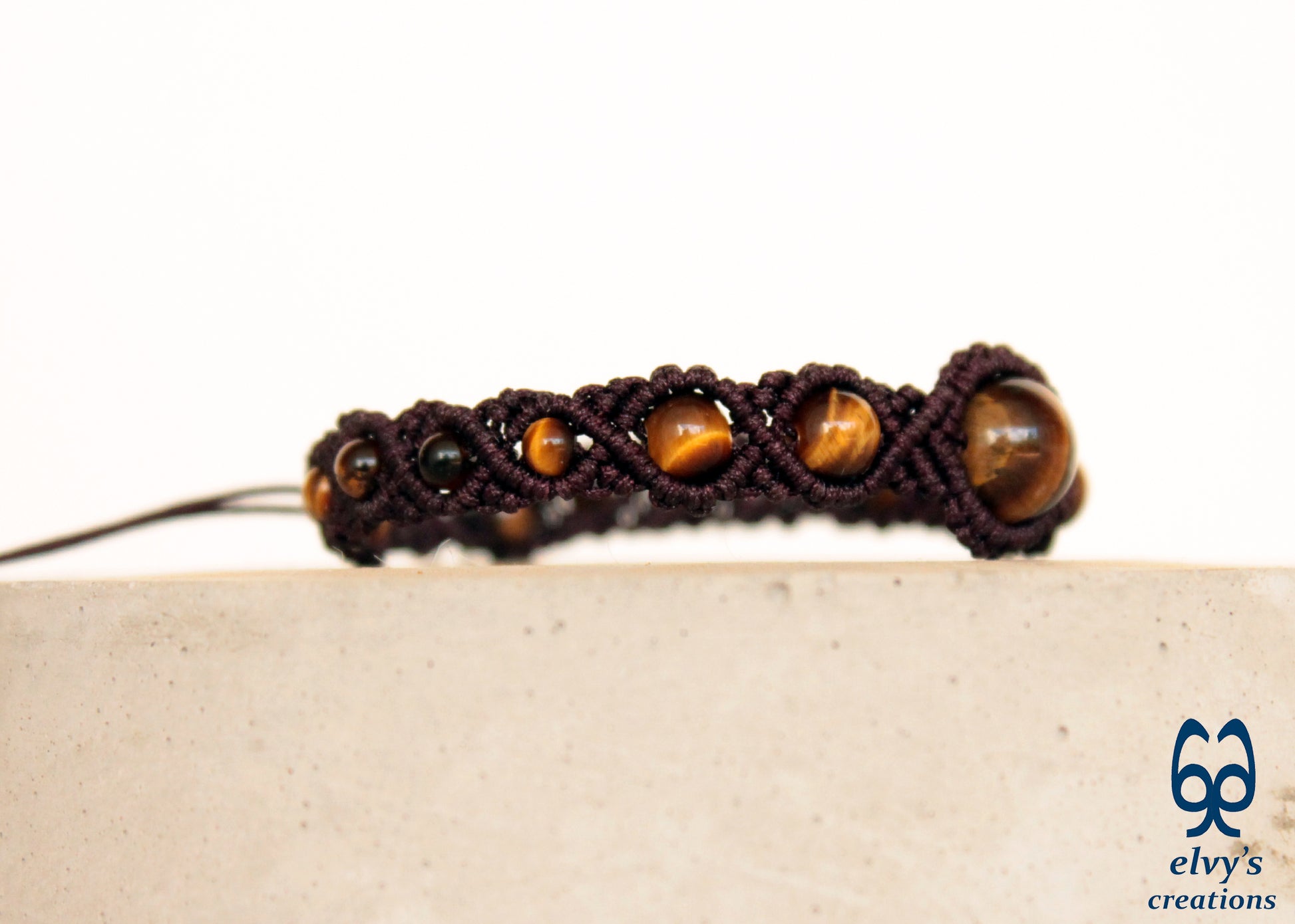 Brown Macrame Cuff Bracelet Beads Jewelry Tiger Eye Gemstones Men Women