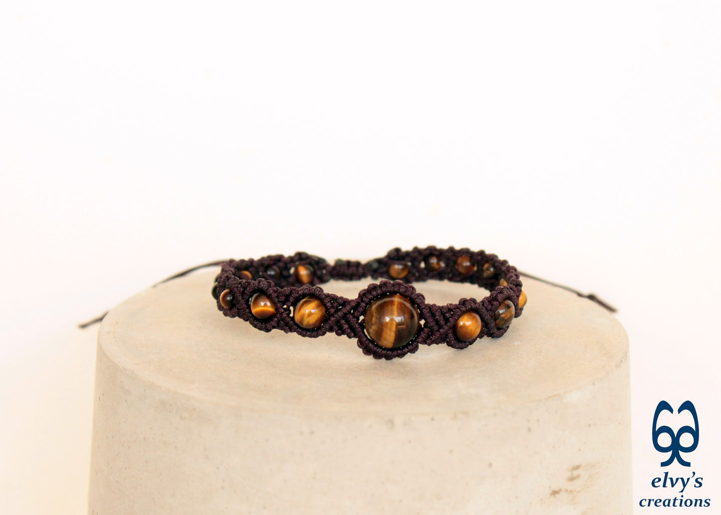 Brown Macrame Cuff Bracelet Beads Jewelry Tiger Eye Gemstones Men Women