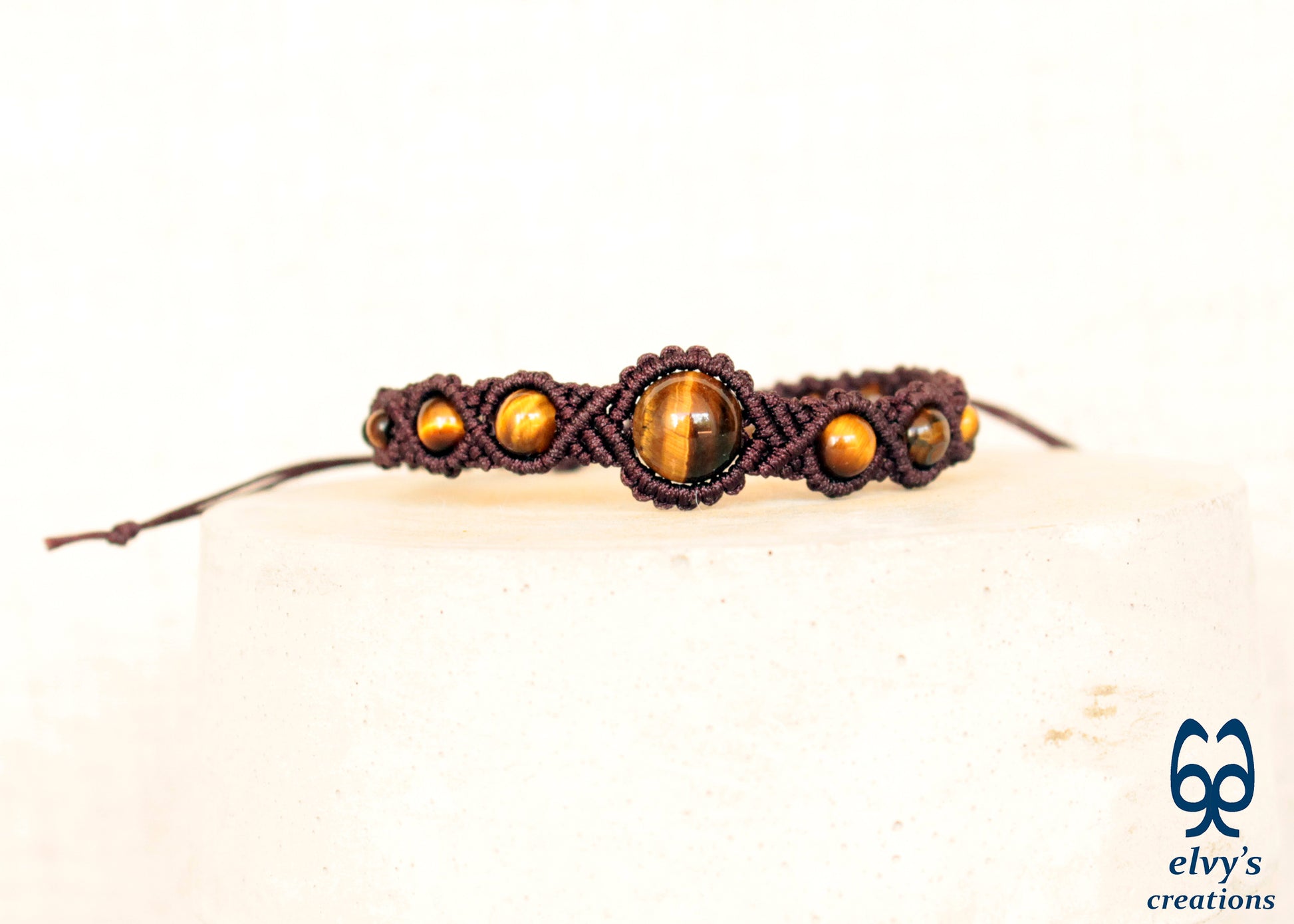 Brown Macrame Cuff Bracelet Beads Jewelry Tiger Eye Gemstones Men Women