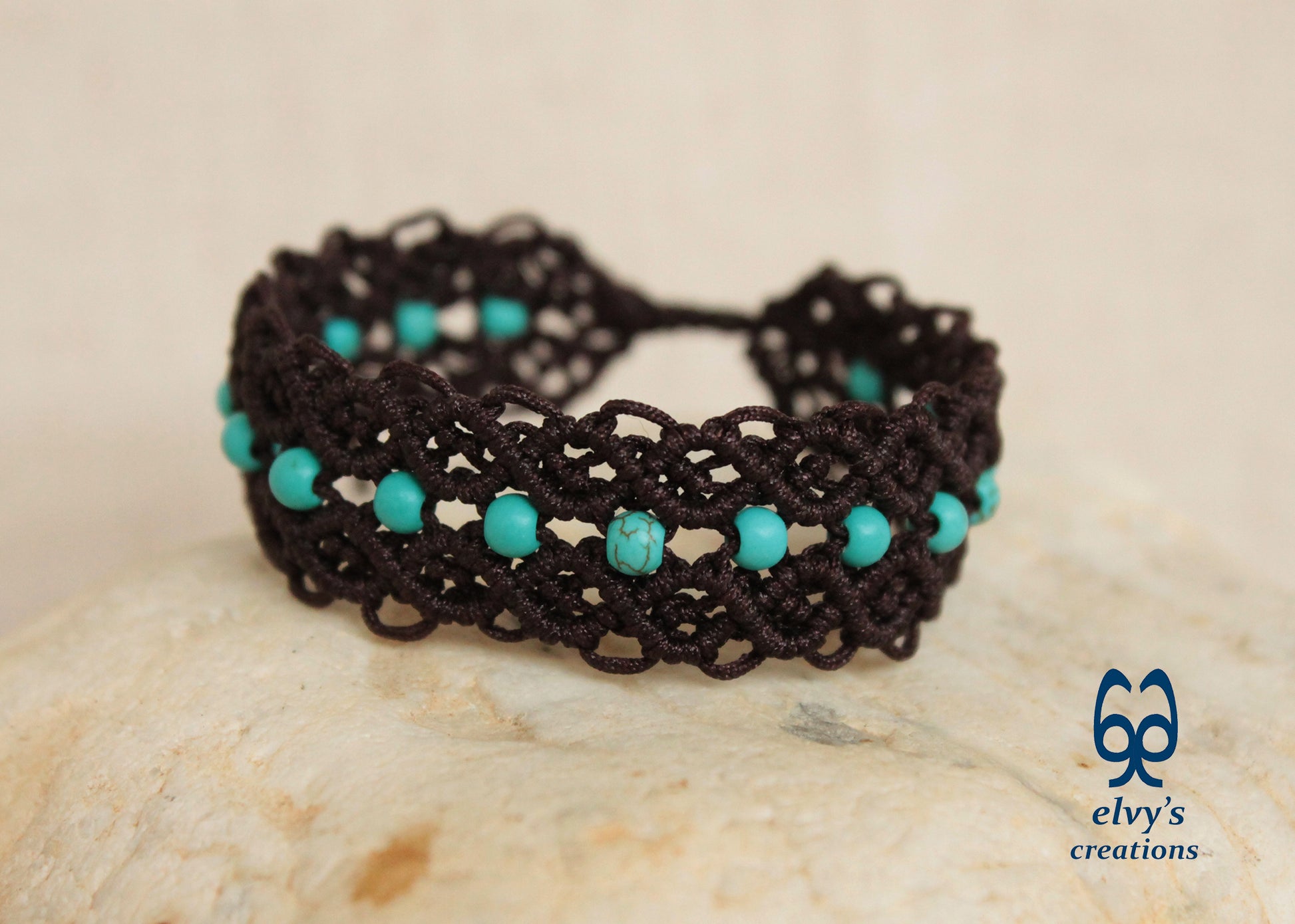 Brown Macrame Bracelet Turquoise Gemstones Adjustable Cuff Bracelet with Healing Gemstones Gift for Women