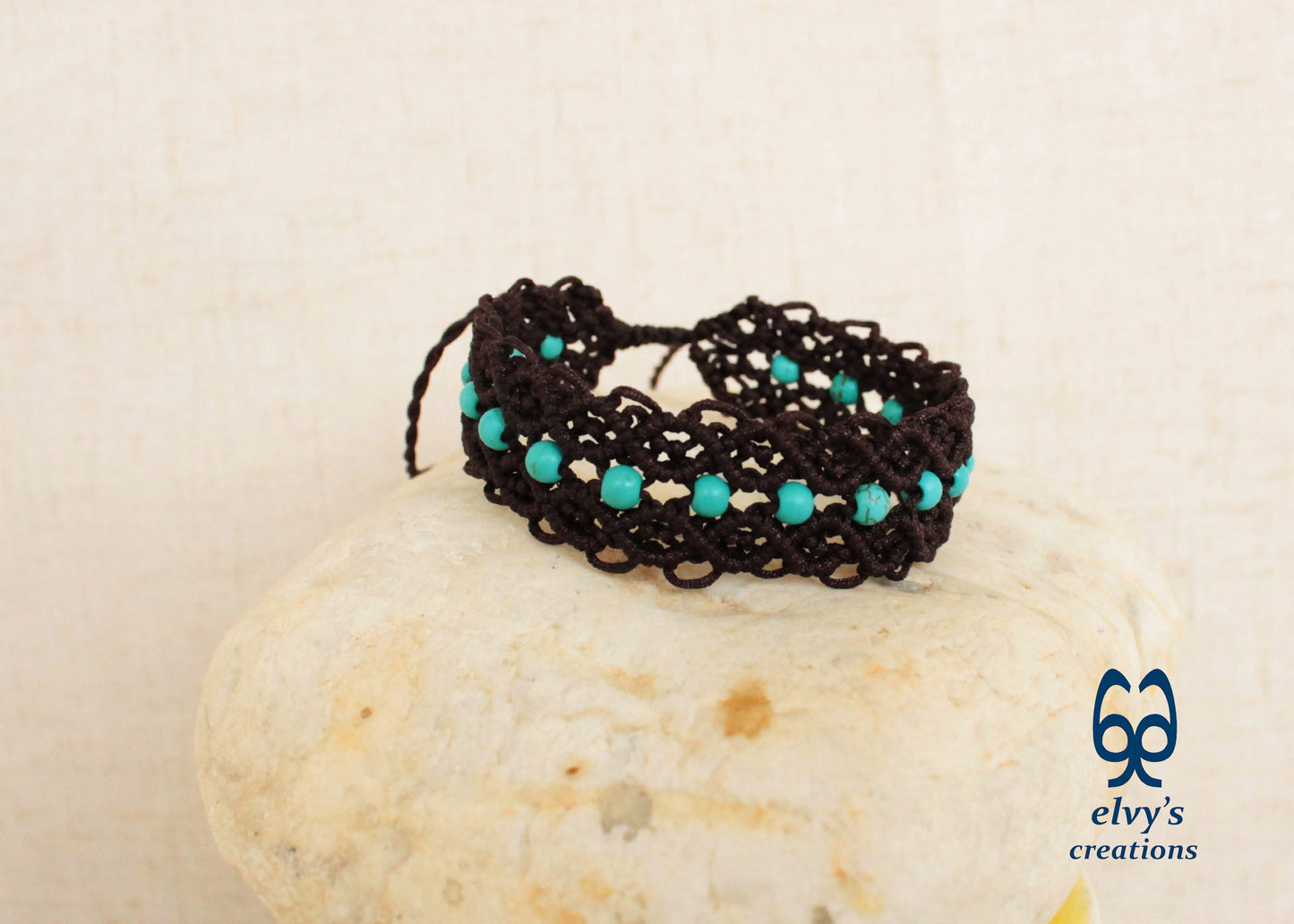 Brown Macrame Bracelet Turquoise Gemstones Adjustable Cuff Bracelet with Healing Gemstones Gift for Women