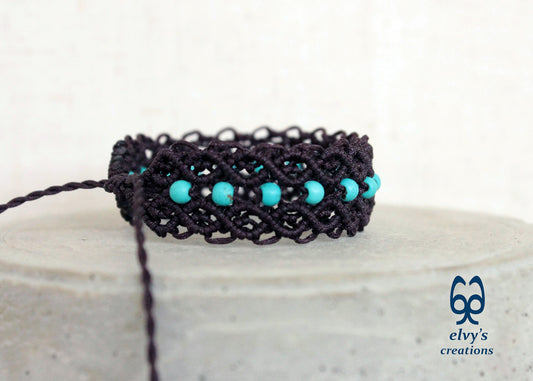 Brown Macrame Bracelet Turquoise Gemstones Adjustable Cuff Bracelet with Healing Gemstones Gift for Women