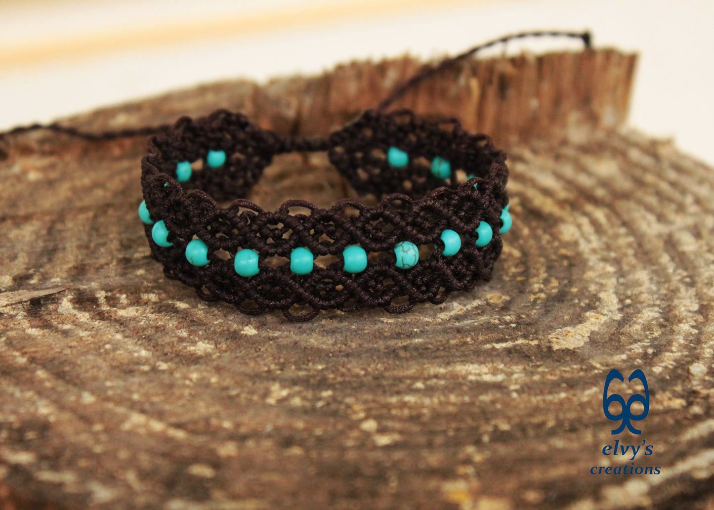 Brown Macrame Bracelet Turquoise Gemstones Adjustable Cuff Bracelet with Healing Gemstones Gift for Women