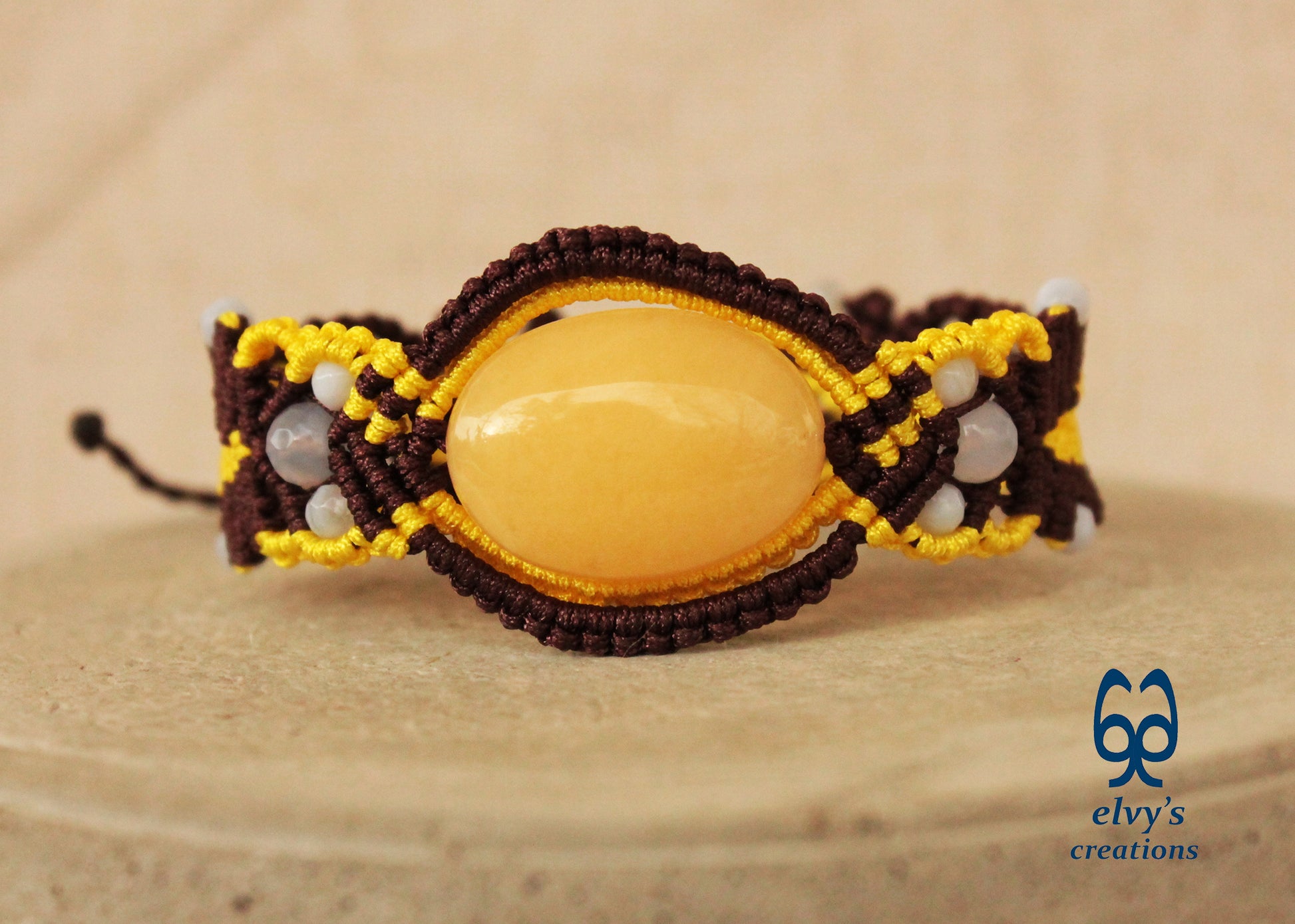 Brown Macrame Bracelet with Pink Yellow Chalcedony Gemstones Adjustable 