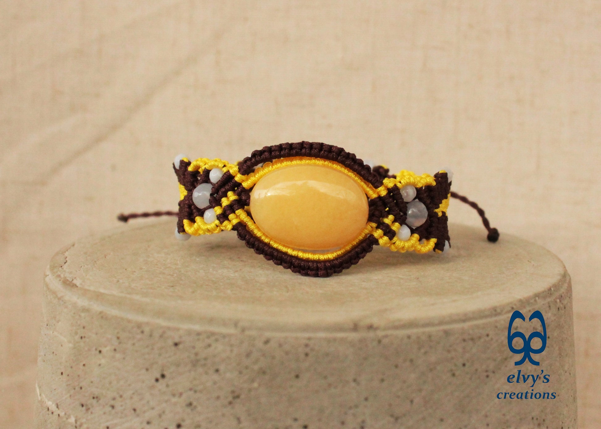 Brown Macrame Bracelet with Pink Yellow Chalcedony Gemstones Adjustable 