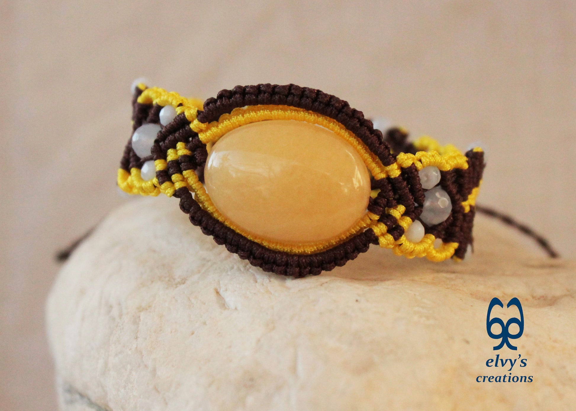 Brown Macrame Bracelet with Pink Yellow Chalcedony Gemstones Adjustable 