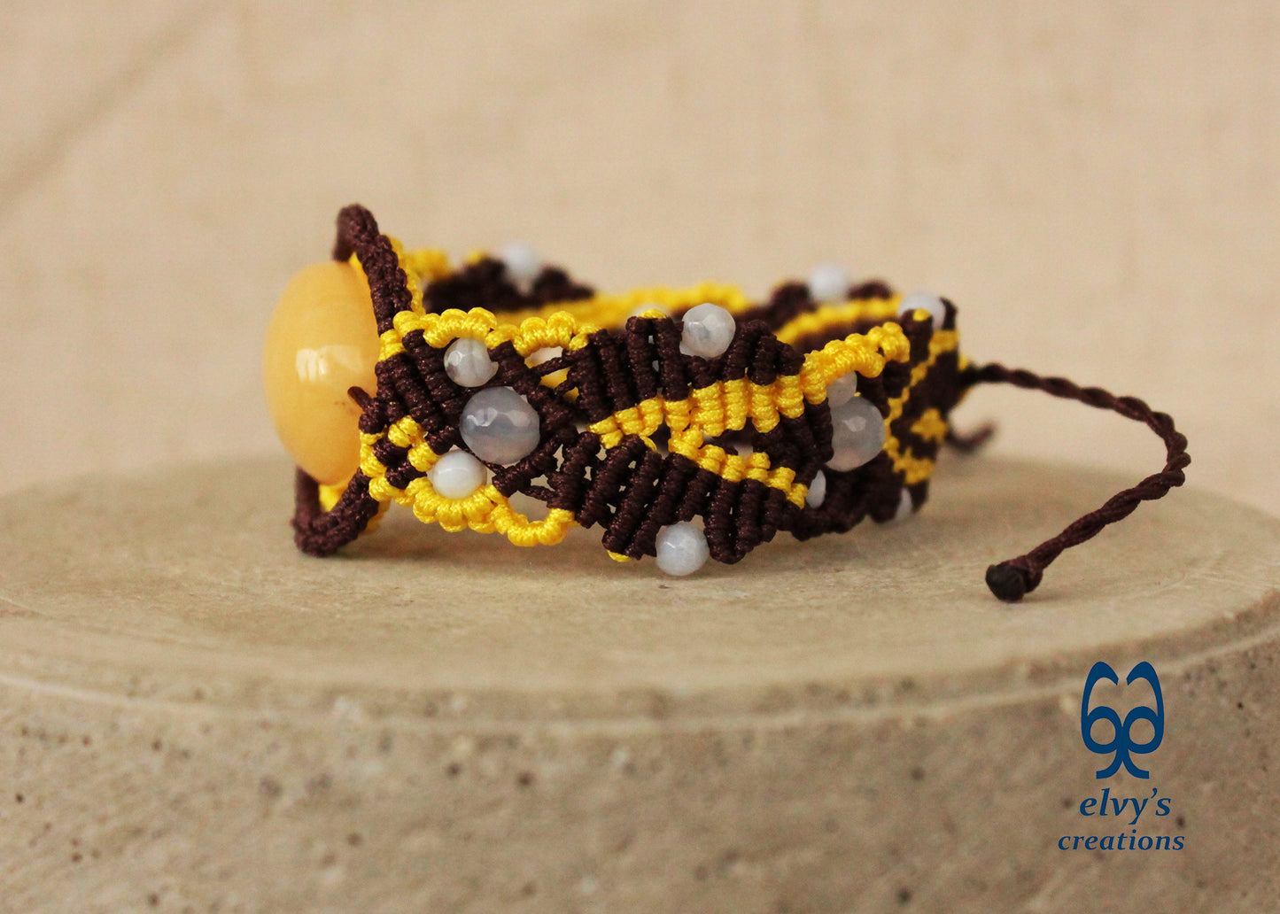Brown Macrame Bracelet with Pink Yellow Chalcedony Gemstones Adjustable 
