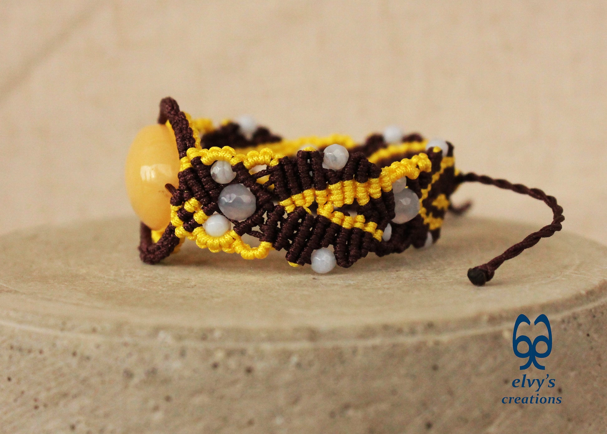 Brown Macrame Bracelet with Pink Yellow Chalcedony Gemstones Adjustable 