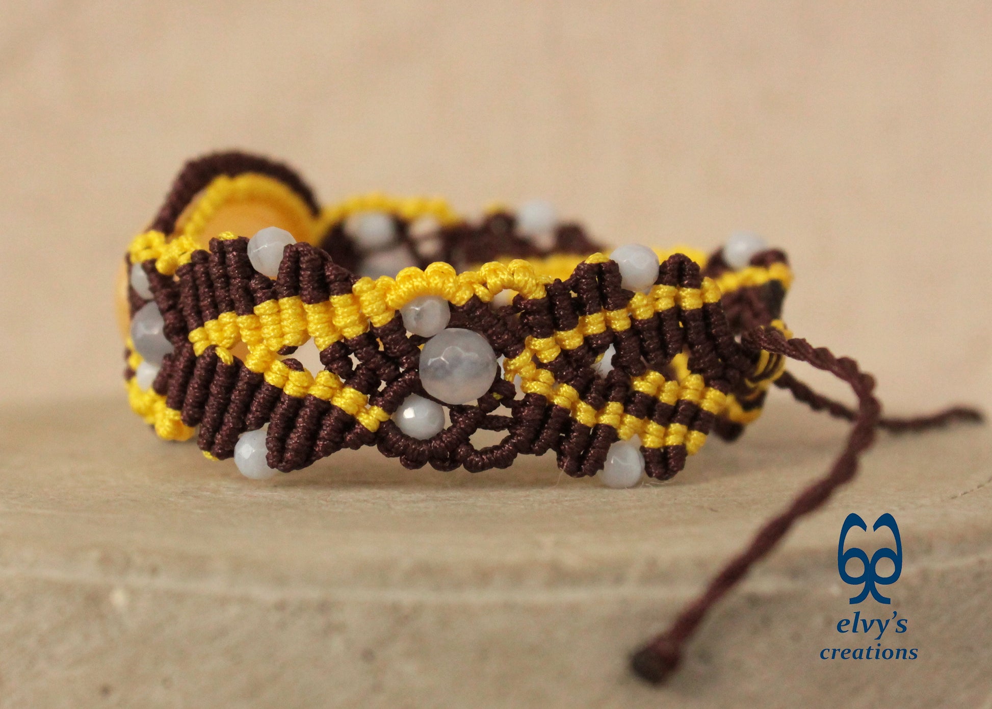 Brown Macrame Bracelet with Pink Yellow Chalcedony Gemstones Adjustable 