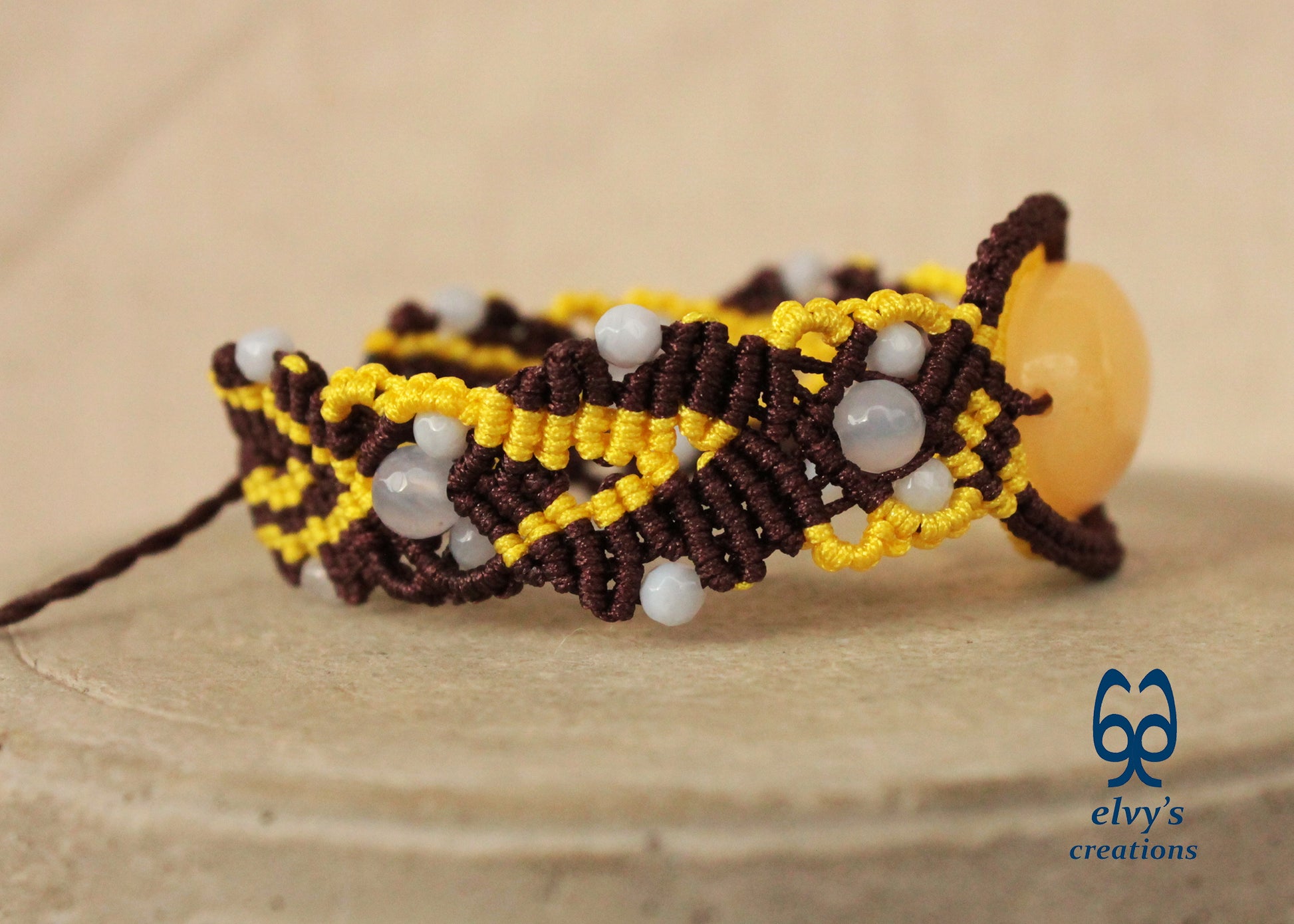 Brown Macrame Bracelet with Pink Yellow Chalcedony Gemstones Adjustable 
