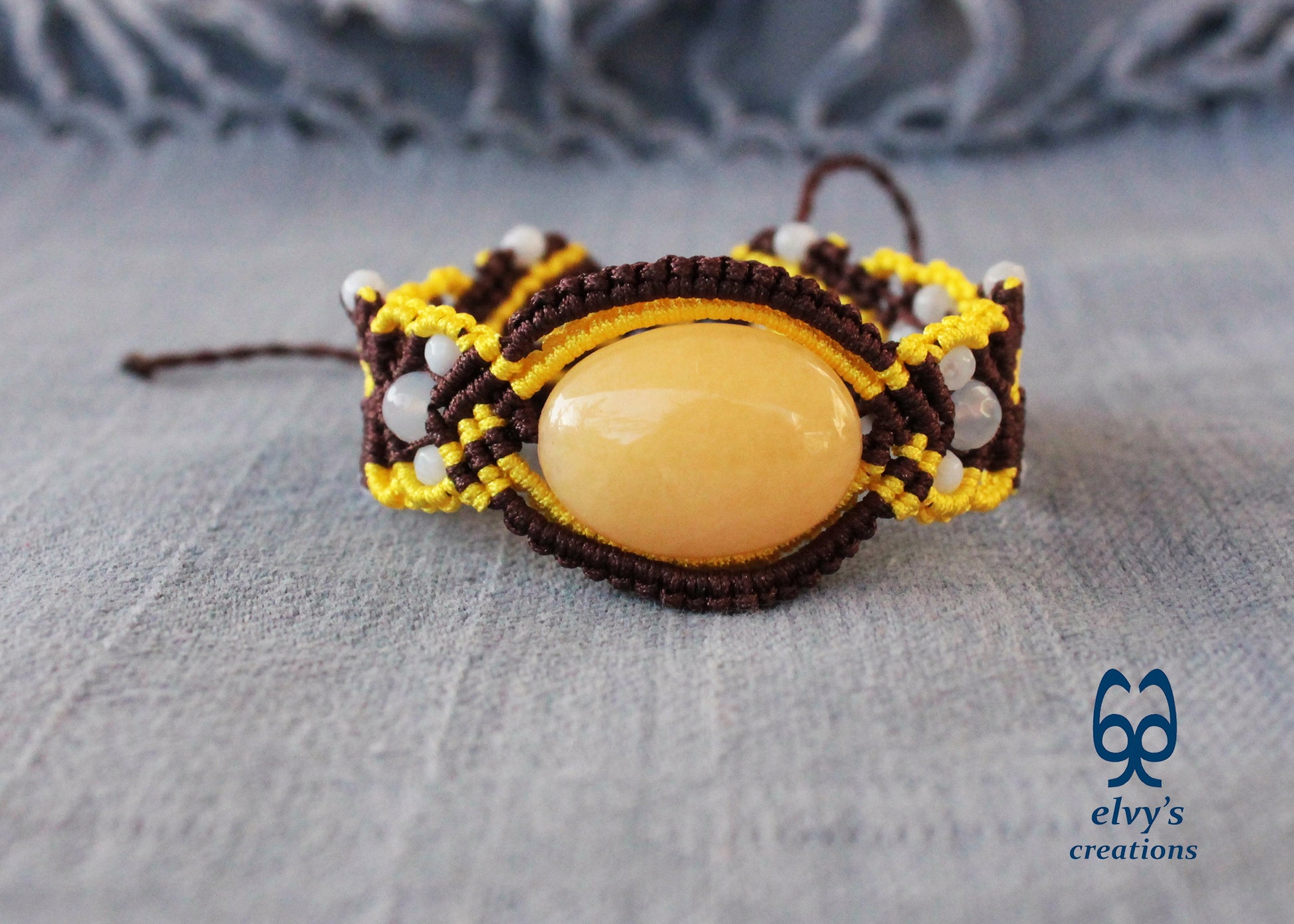 Brown Macrame Bracelet with Pink Yellow Chalcedony Gemstones Adjustable 