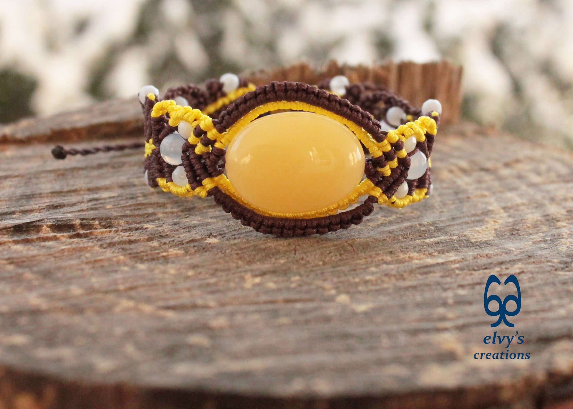 Brown Macrame Bracelet with Pink Yellow Chalcedony Gemstones Adjustable 