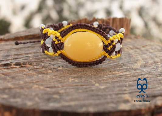 Brown Macrame Bracelet with Pink Yellow Chalcedony Gemstones Adjustable 