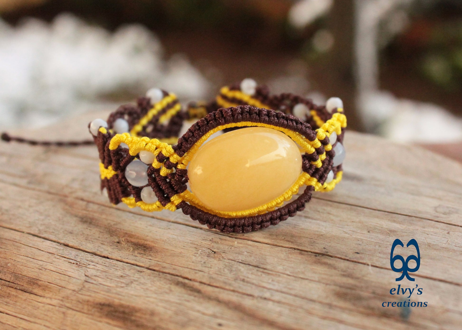 Brown Macrame Bracelet with Pink Yellow Chalcedony Gemstones Adjustable 
