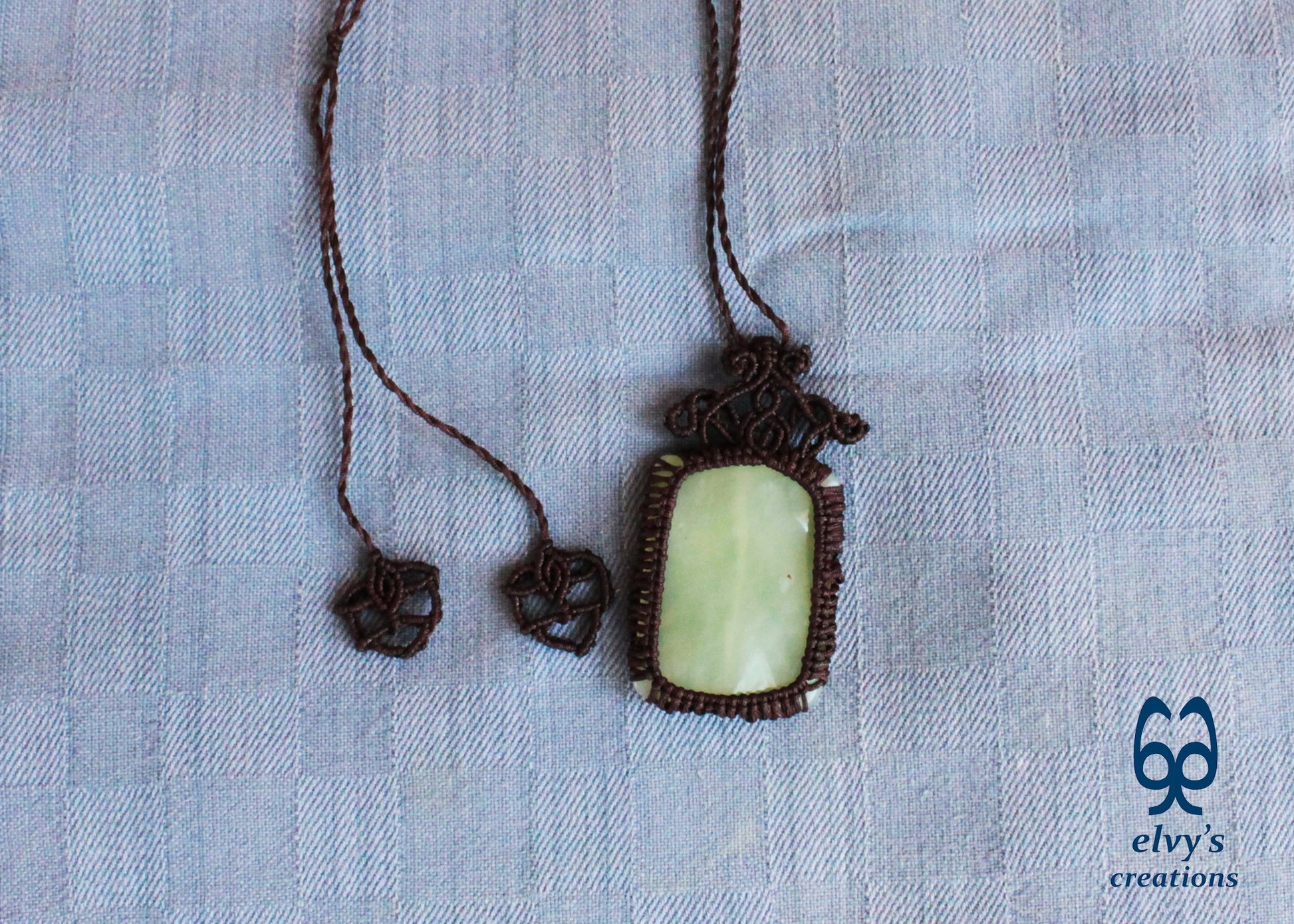 Handmade Brown Macrame Necklace with Chalcedony Gemstone Adjustable Lace Necklace