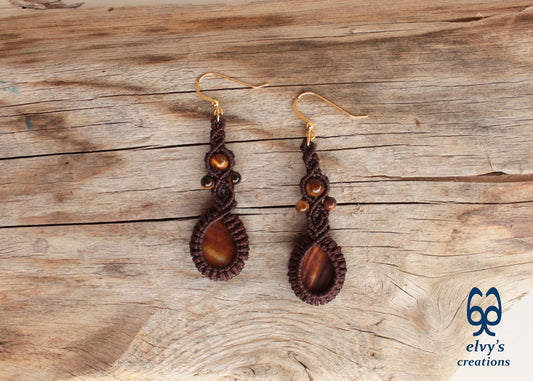 Handmade Brown Macrame Earrings with Long Dangle Tiger Eye Gemstones