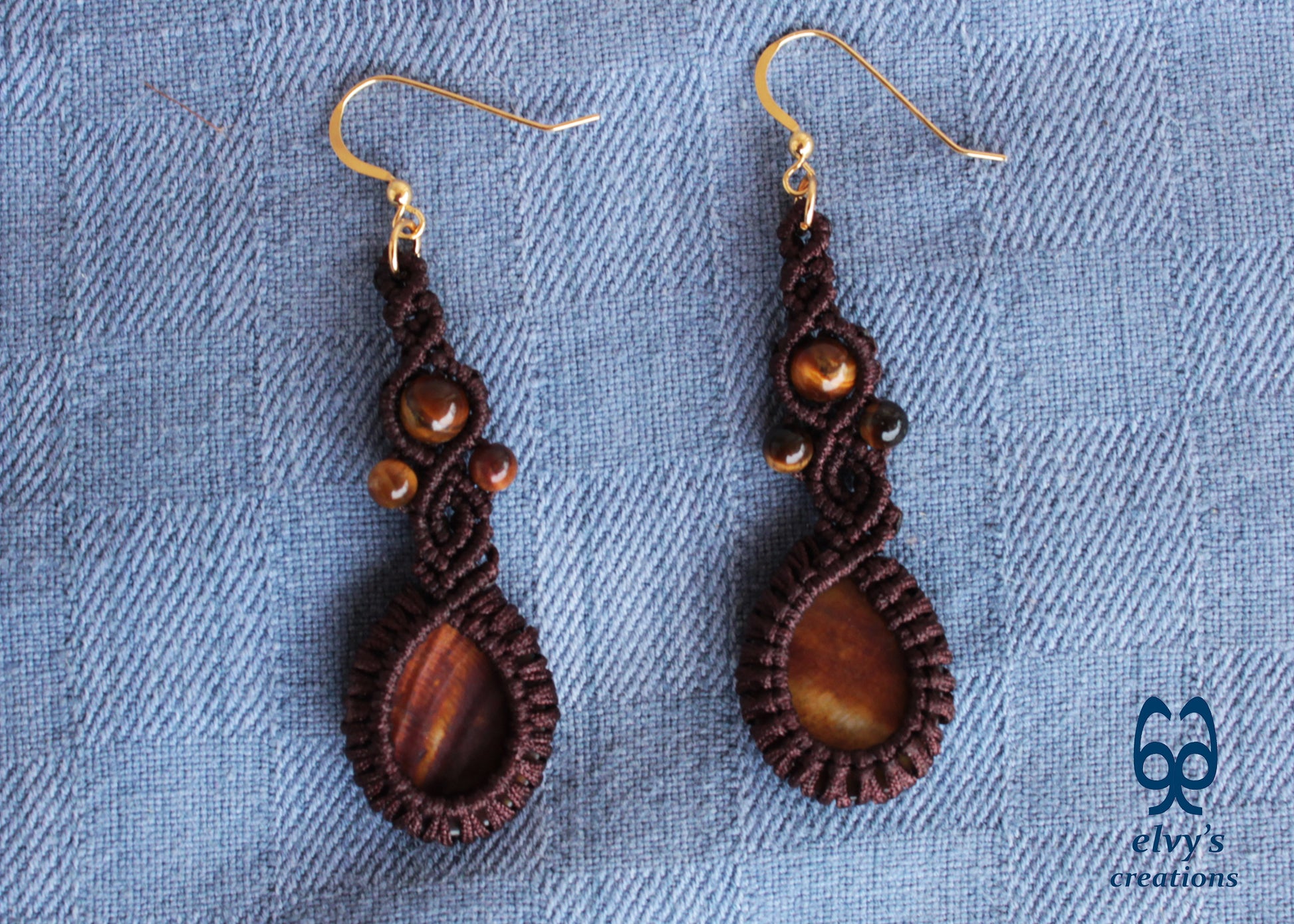 Handmade Brown Macrame Earrings with Long Dangle Tiger Eye Gemstones