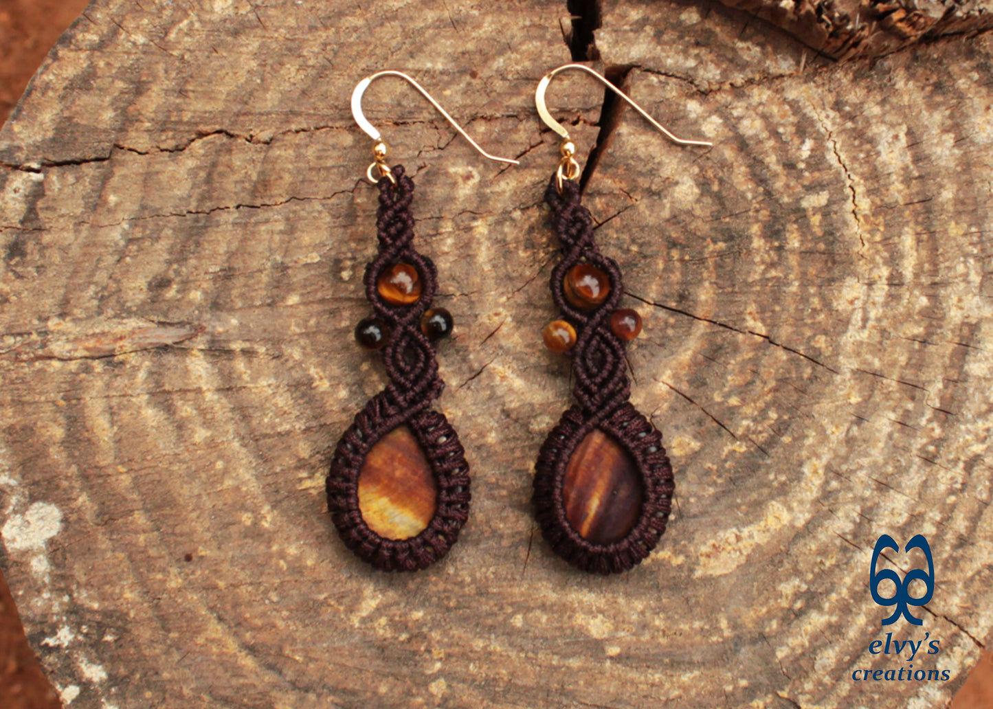 Handmade Brown Macrame Earrings with Long Dangle Tiger Eye Gemstones