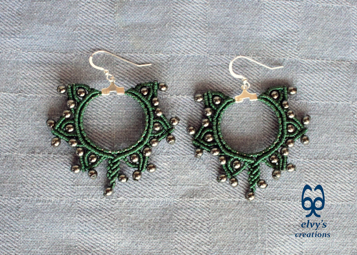 Green Silver Macrame Earrings, Hematite Dangle Gemstone Beads Earrings, Birthday Gift for Women