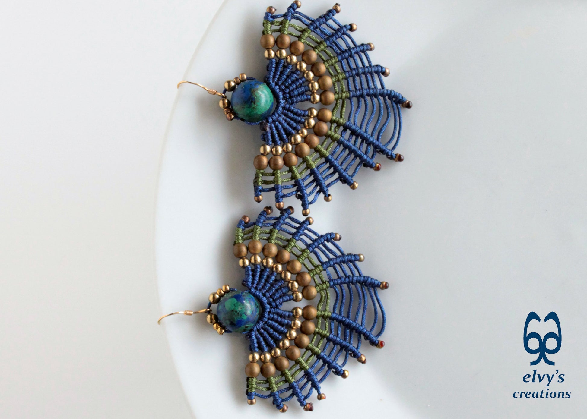 Macrame Earrings with Natural Amazonite and Hematite Peacock Colors and Small Brass Beads